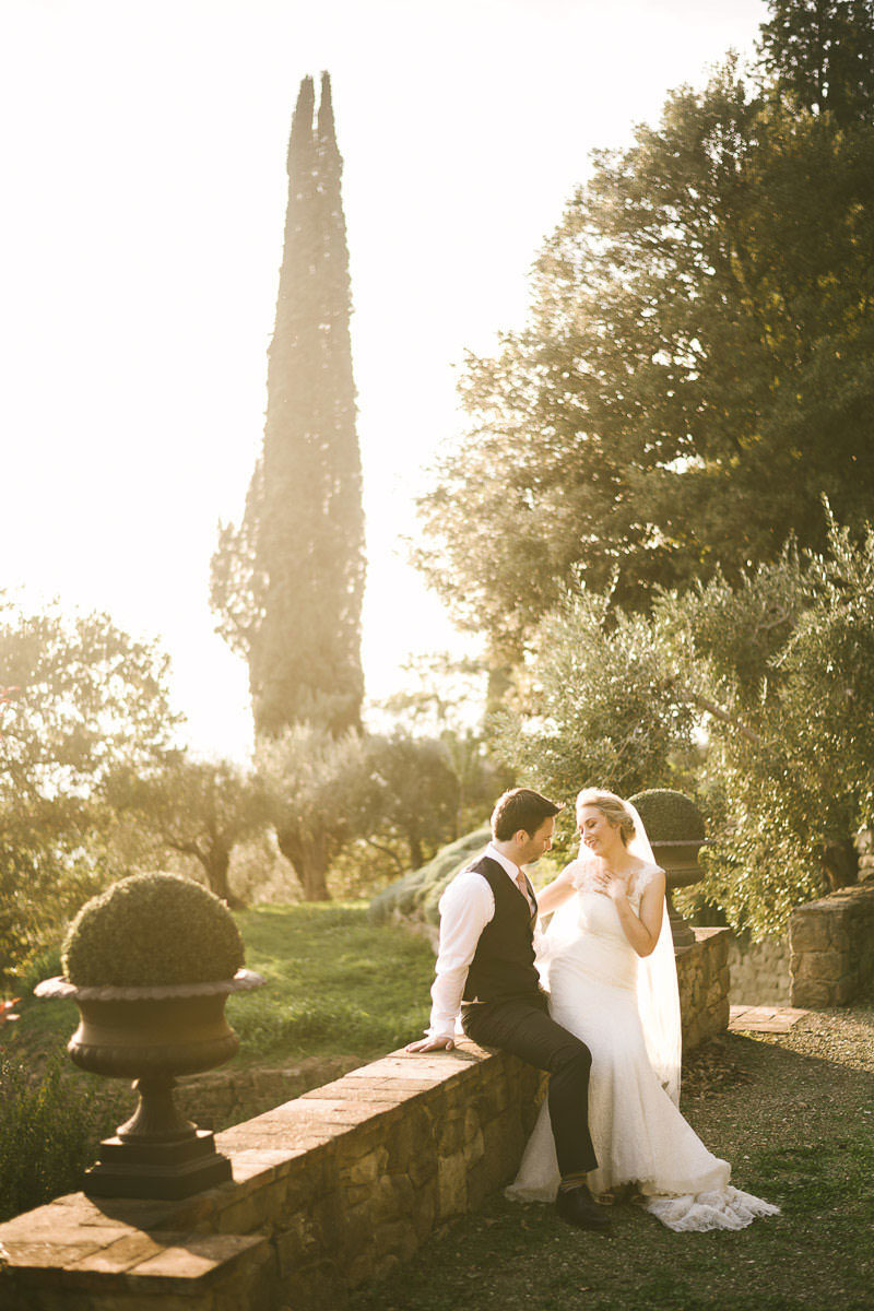 Bride and groom elegant portrait at Villa Le Fontanelle for a fine art destination wedding in Florence countryside, Tuscany