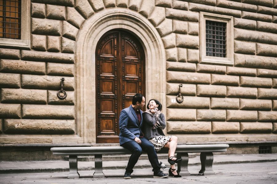 Early morning elegant and candid pre-wedding engagement photo in Florence near Palazzo Gondi