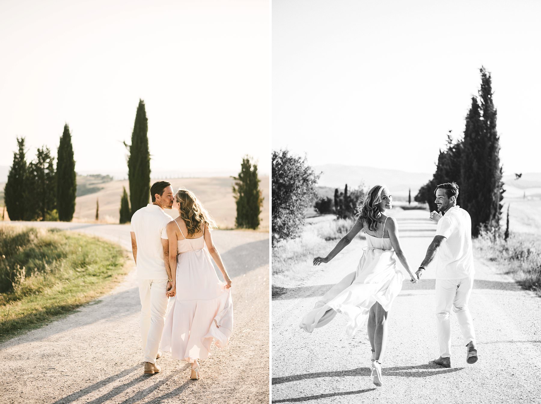 Romantic, intimate and elegant engagement photo shoot in Tuscany countryside of Pienza in the Val D'Orcia area with cypresses street and rolling hills as background