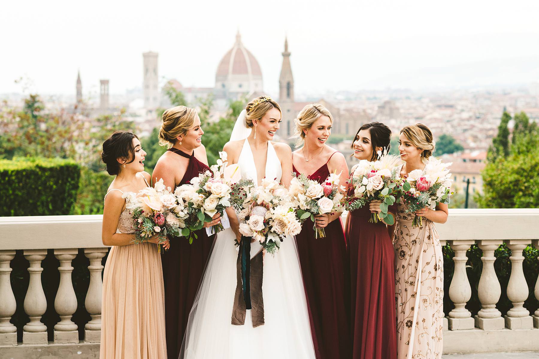 Luxury wedding with amazing view at Villa La Vedetta in Florence. Bride Christina with bridesmaids