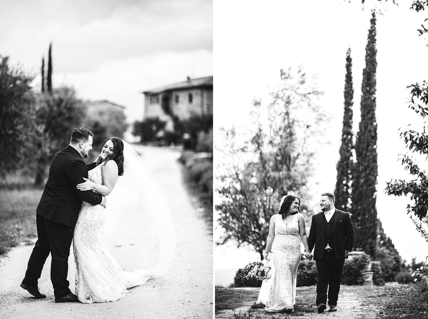 Creative bride and groom wedding photo in the countryside of Tuscany at Villa Le Bolli venue near Radicondoli