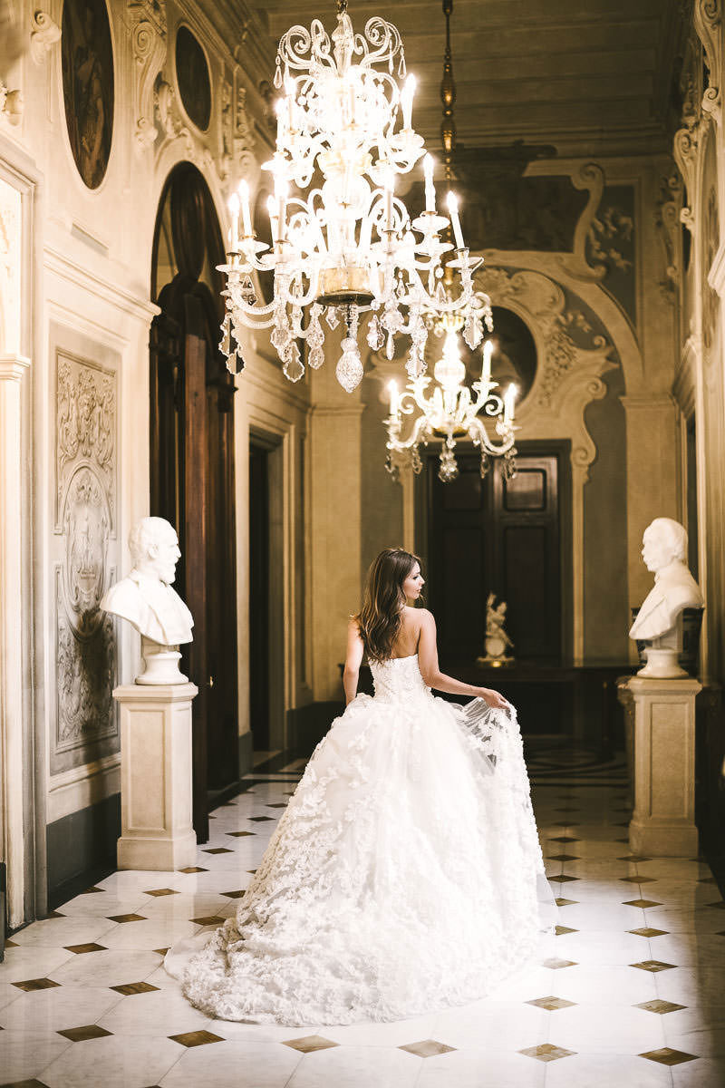 Luxury destination wedding in Florence at Hotel Four Seasons Florence. Bridal portrait in the foyer of the Gherardesca Palace