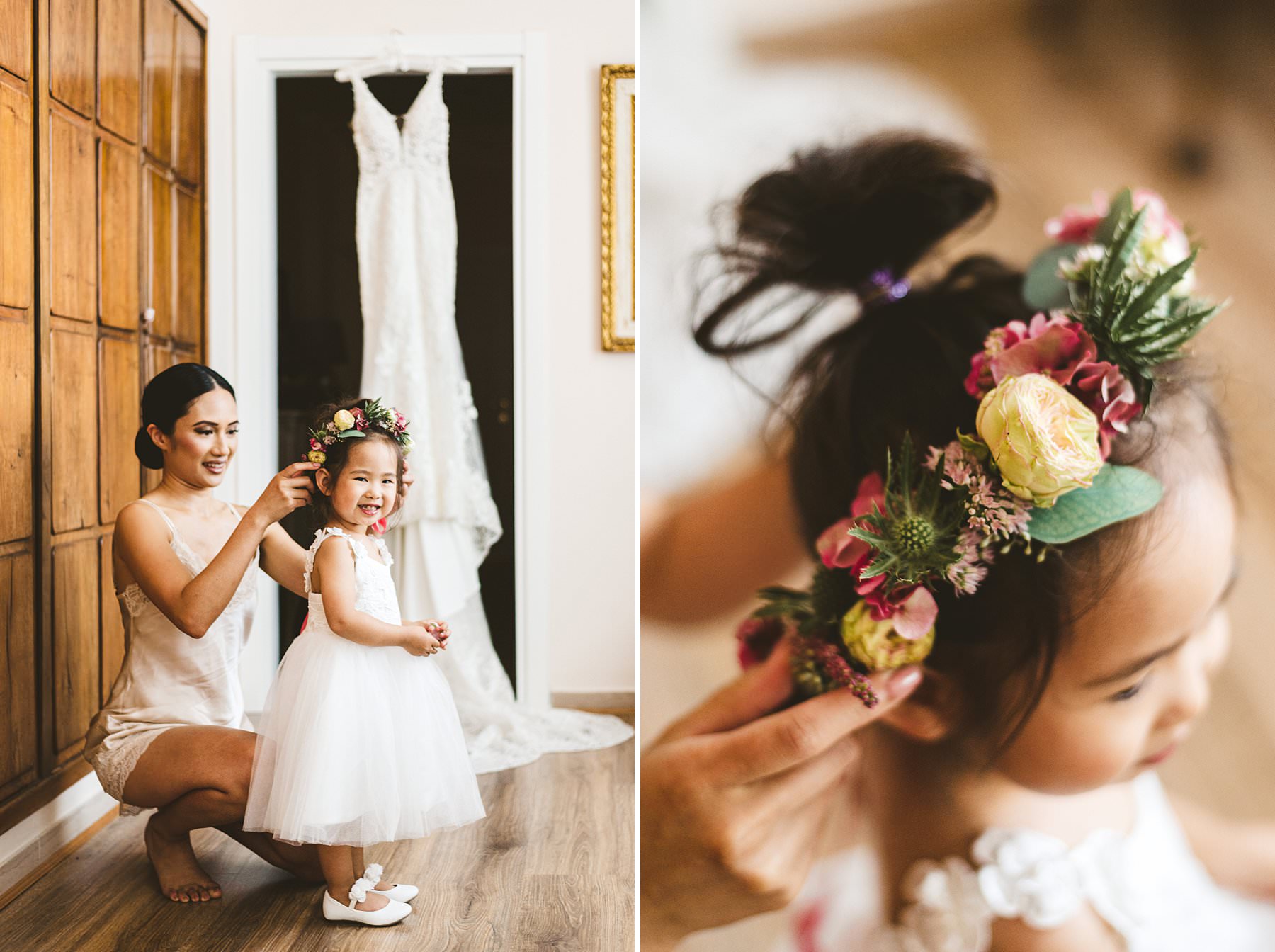 Intimate destination wedding in Florence. Bride Liza with beautiful flower girl preparation. Flowers by Jardin Divers