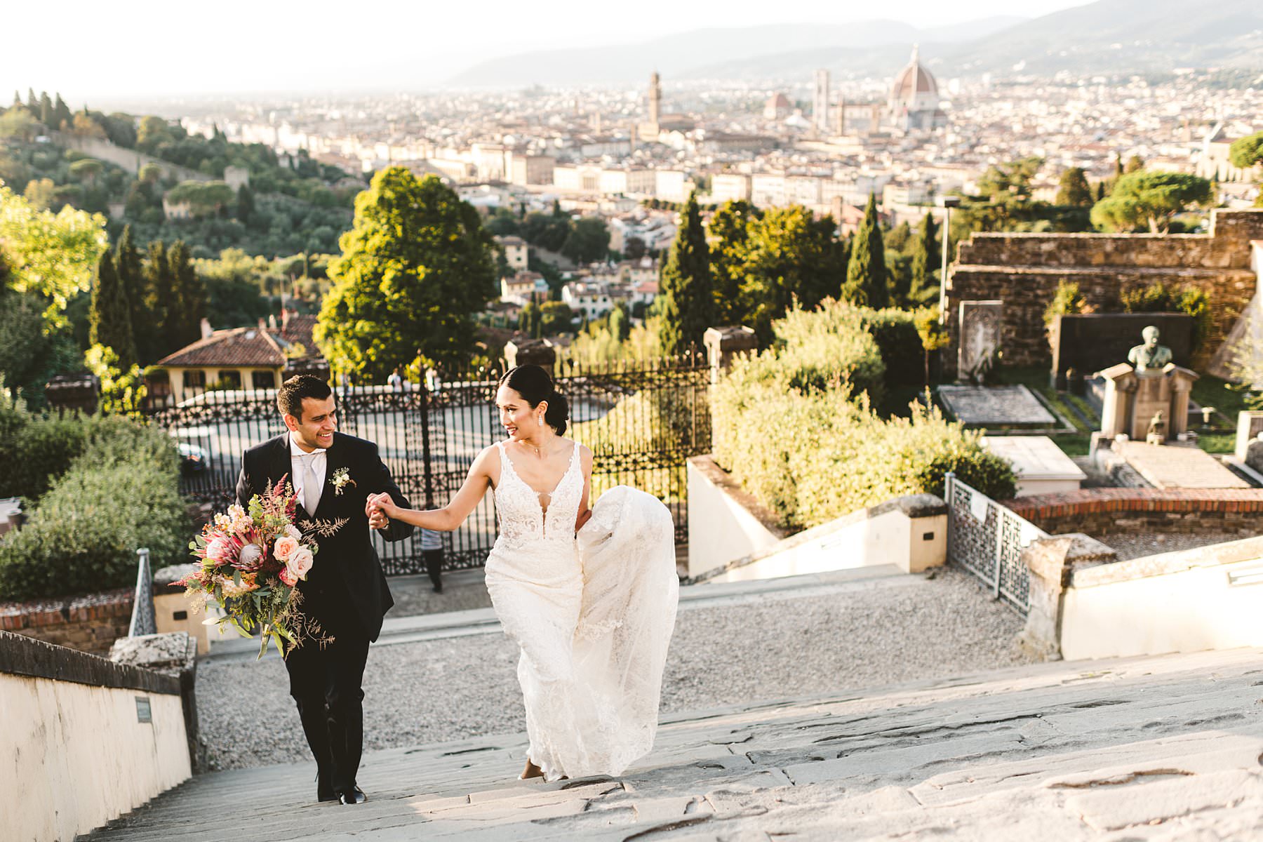 Bride and groom portrait in one of the most scenic spots of Florence at San Miniato al Monte very near to Piazzale Michelangelo