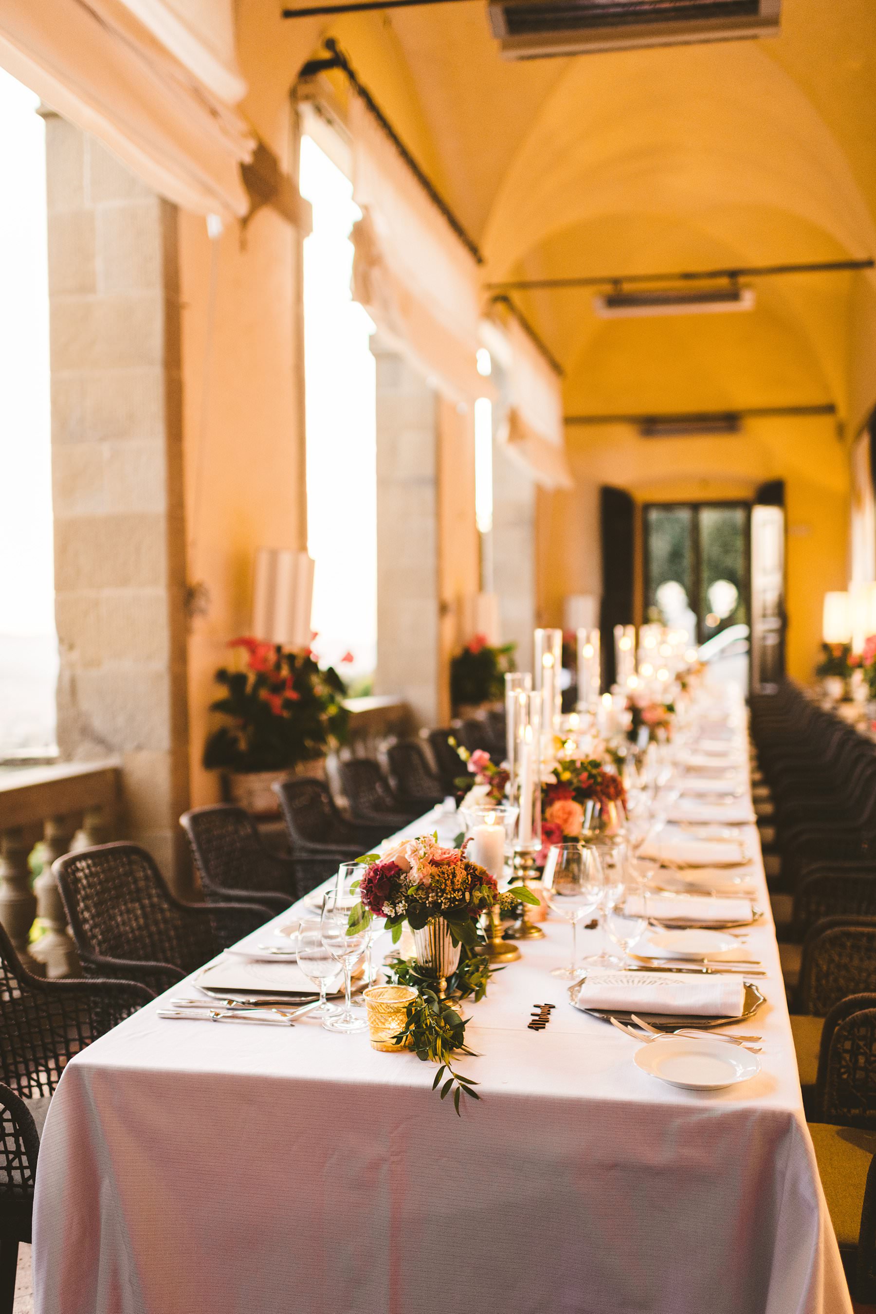 Gracefully decorated wedding dinner table by Garden Divers and Belmond Villa San Michele. Luxury intimate destination wedding in Florence