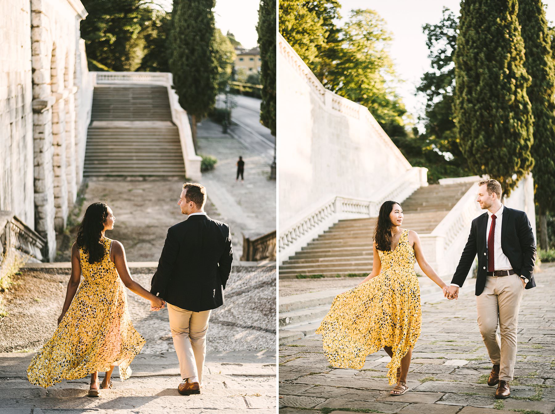 Angela and Max’s surprise marriage proposal followed by a sweet engagement photoshoot in Florence! Right after the proposal, it was time to celebrate through an engagement photoshoot full of sentiment, with Florence as a beautiful background. We snapped pictures all around the heart of the city, starting from the surroundings of San Miniato al Monte itself and continuing to Ponte Vecchio, Palazzo Vecchio and Uffizi Gallery. The warm light of the day matched perfectly with the color of Angela’s dress, and with the bright smile of both these guys