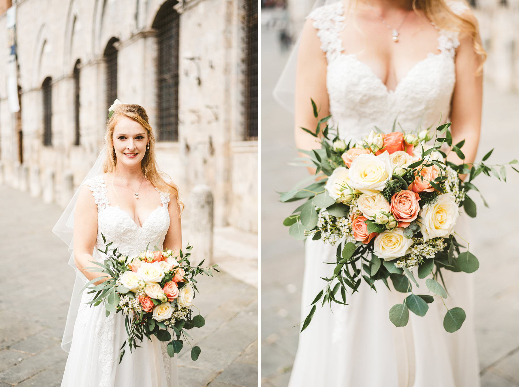 Beautiful bride Poppy from Uk almost ready to walks down the aisle in the Concistoro room in Siena Town hall