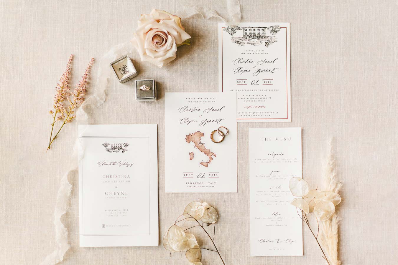 Celebrate the most important day of your life at Villa La Vedetta, Florence. Elegant destination wedding stationery details