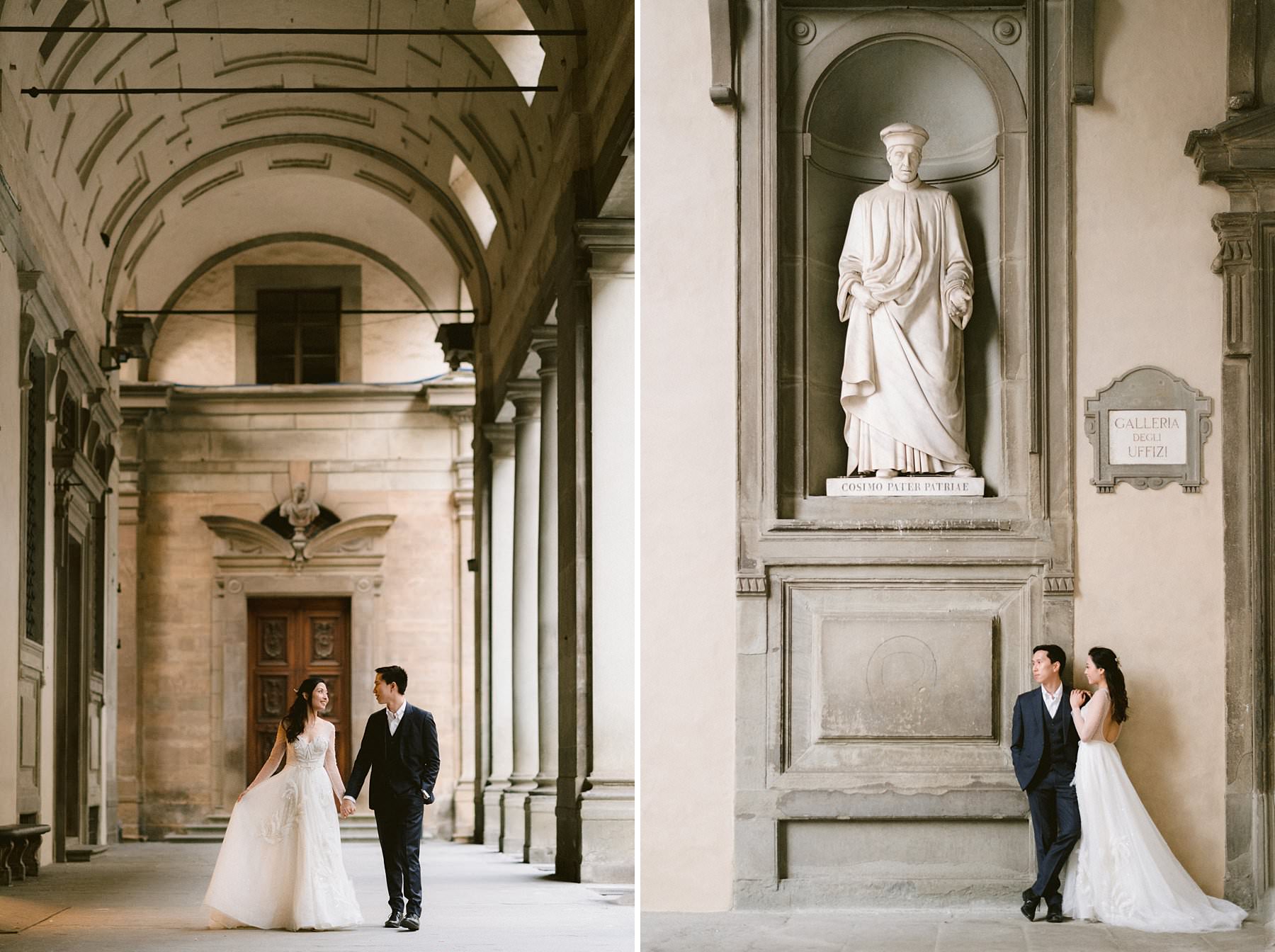 Romantic couple photos for a special honeymoon in Florence during covid-19 pandemic. Enjoy the priceless feeling of walking around the Uffizi Art Gallery with no tourist crowds