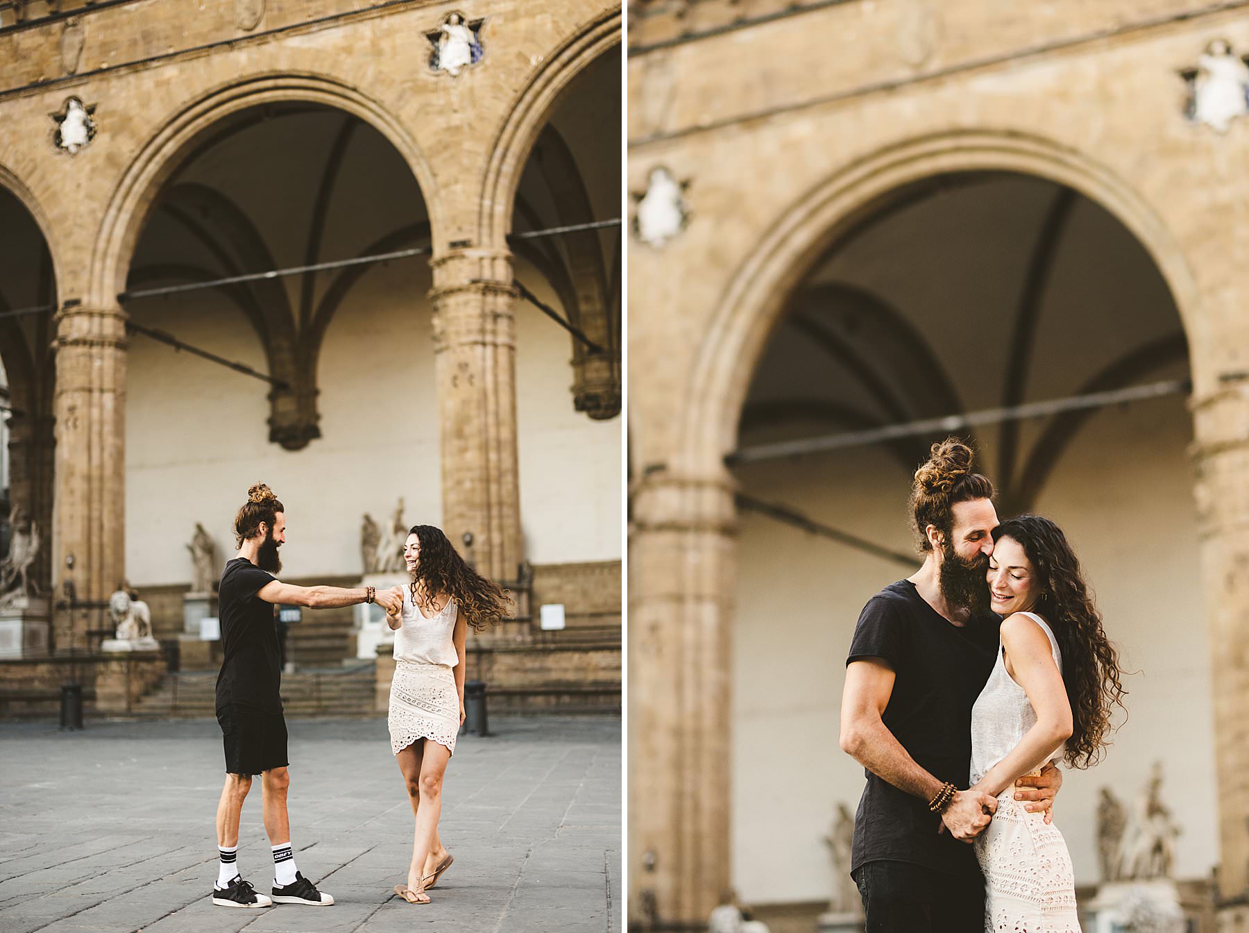 Elegant, tender, and charming early morning Florence couple portrait photo session near Uffizi Museum