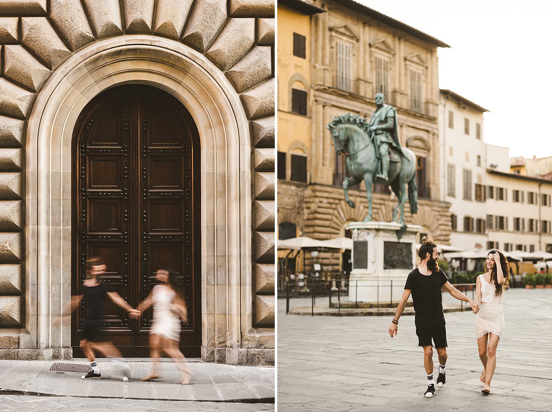 Exciting and fun couple portrait prewedding photo session in the heart of Florence, Italy at sunrise