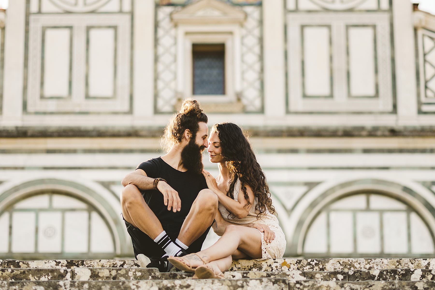 Elegant and romantic unconventional couple pre-wedding engagement photo shoot in Florence at sunrise