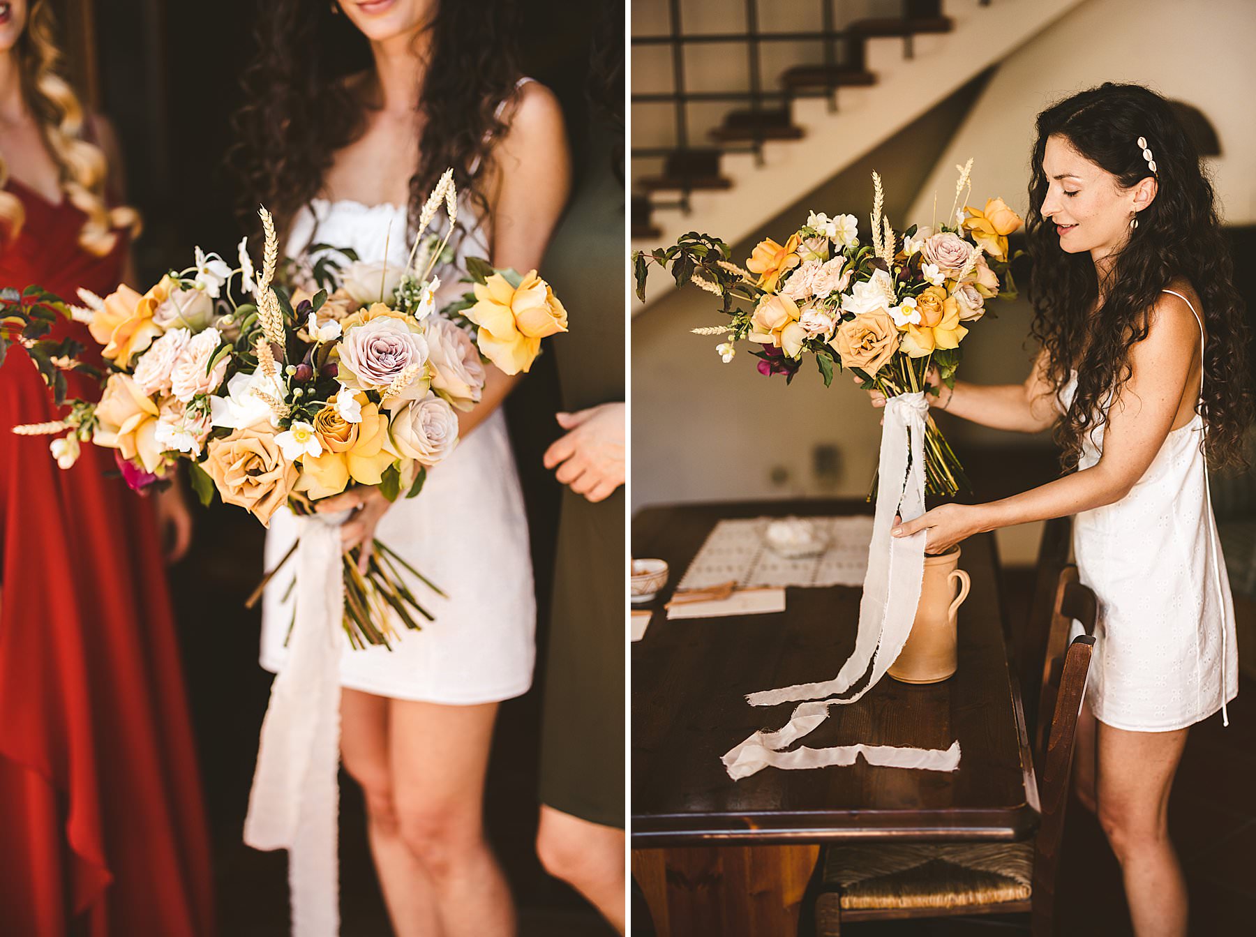 Sweet bride with gorgeous flower bouquet made by Luca Cozza flower designer at La Valle farmhouse in Montaione