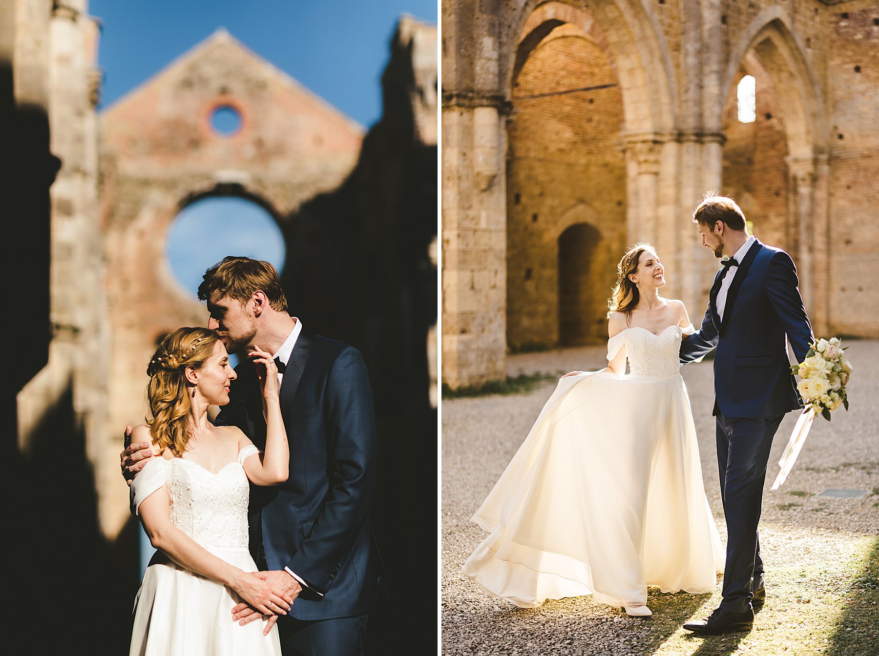 Destination wedding photography in countryside of Tuscany at Abbey of San Galgano