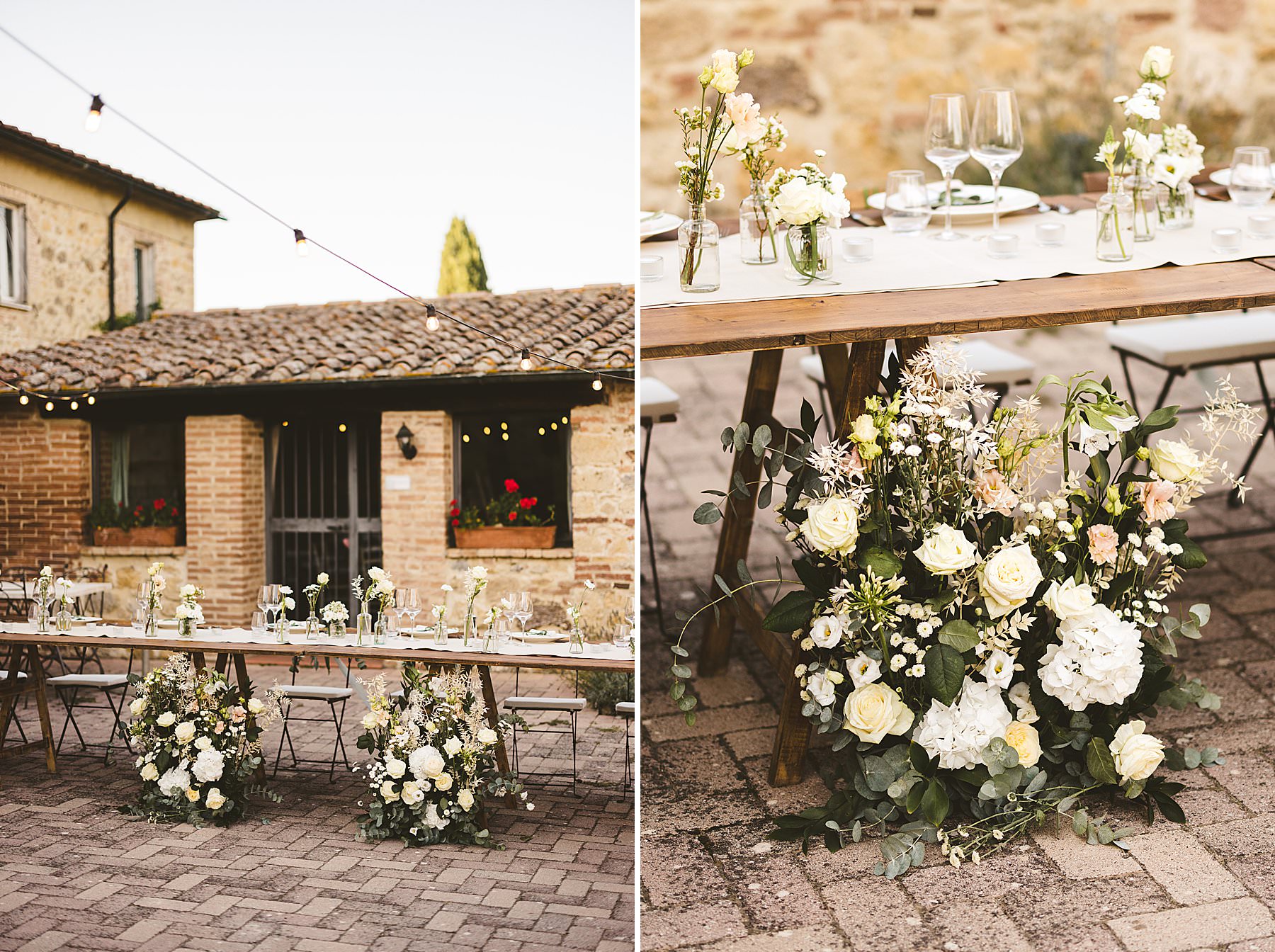 Lovely intimate wedding dinner setup decor at Tenuta di Papena estate in the countryside of Tuscany near Siena