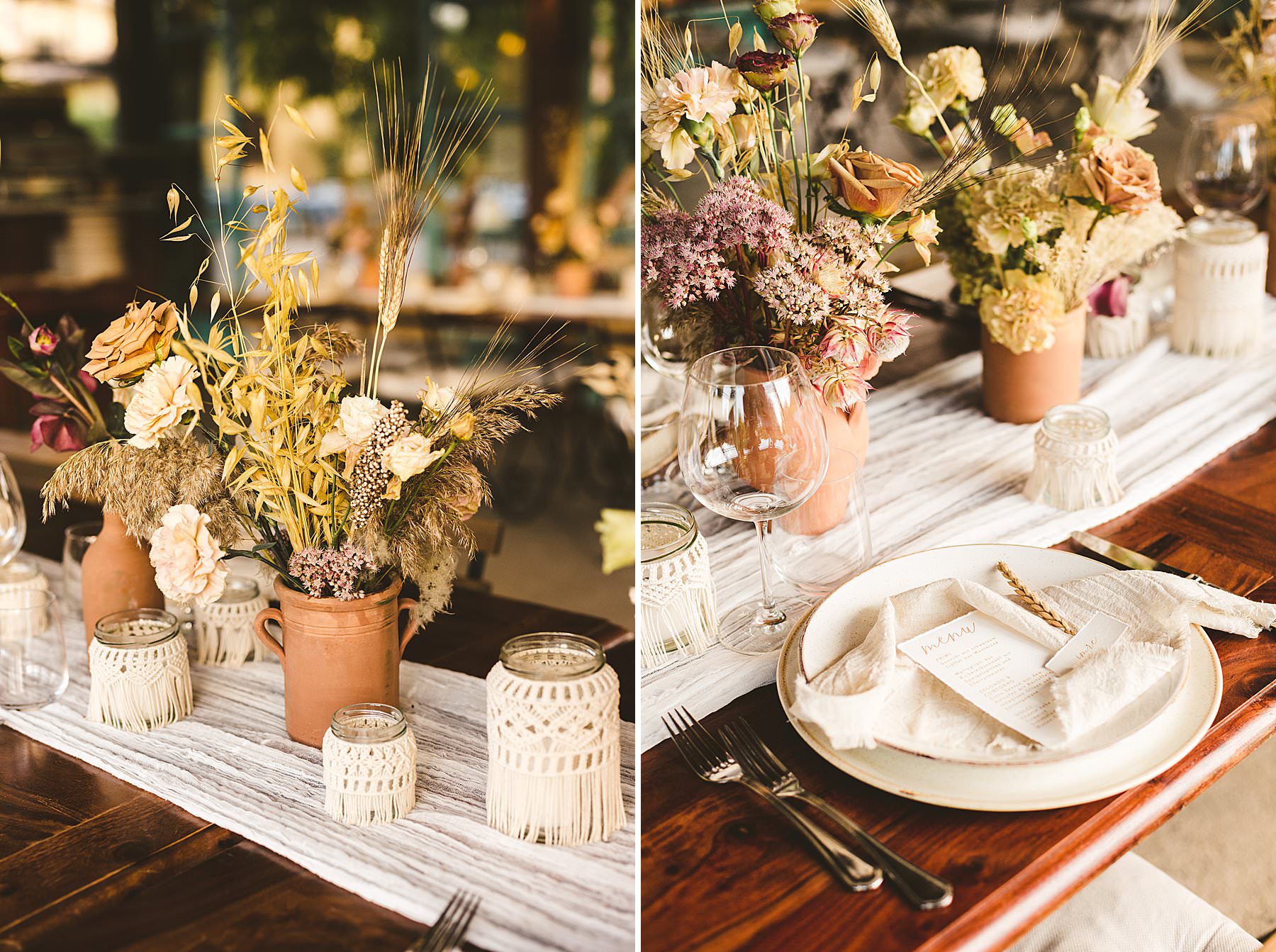 Elegant Italian bohemian chic wedding reception setup at Casa Masi in the heart of Tuscany. The setup design was delightful with the amazing macramé decorations and flowers