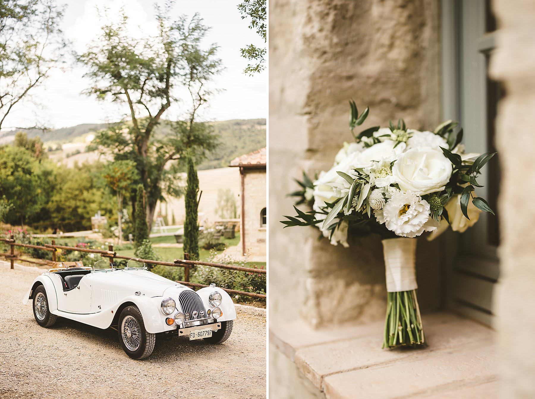 Morgan vintage car at Borgo Pignano private villa for timeless elopement wedding in the heart of Tuscany