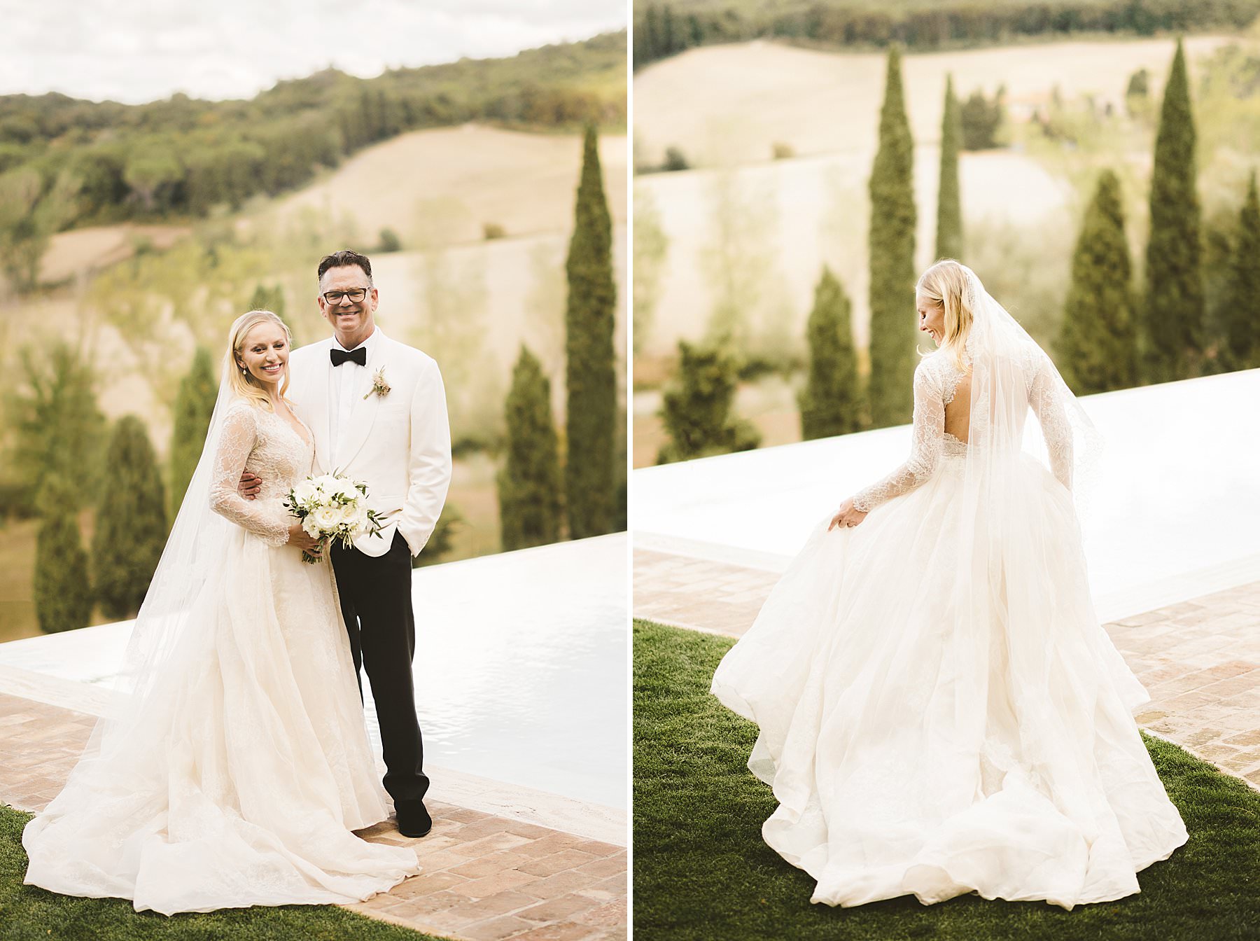 Elegant and timeless elopement wedding portrait in the heart of Tuscany at Borgo Pignano