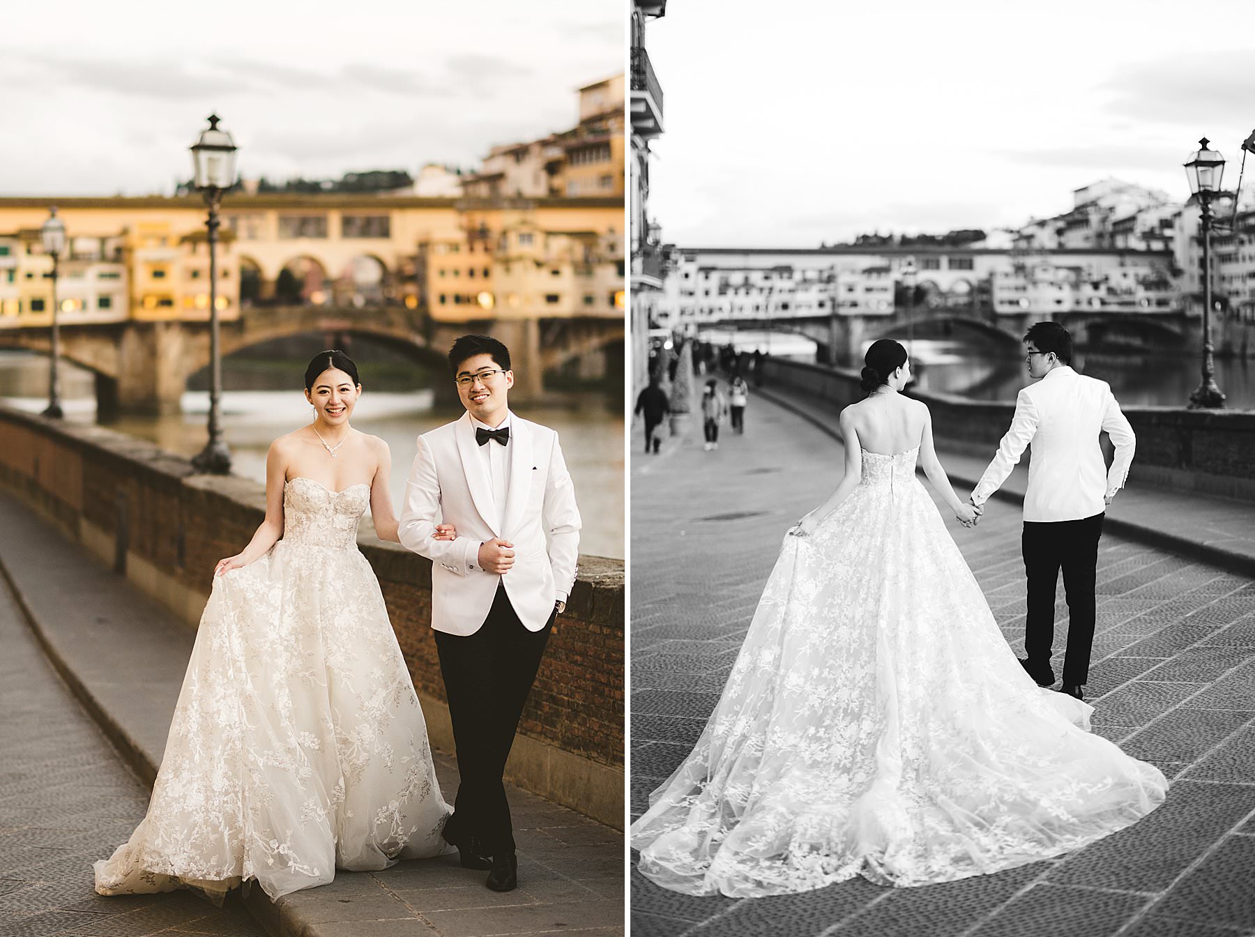 Lovely candid walk tour in the streets of Florence pre-wedding photo session near Ponte Vecchio