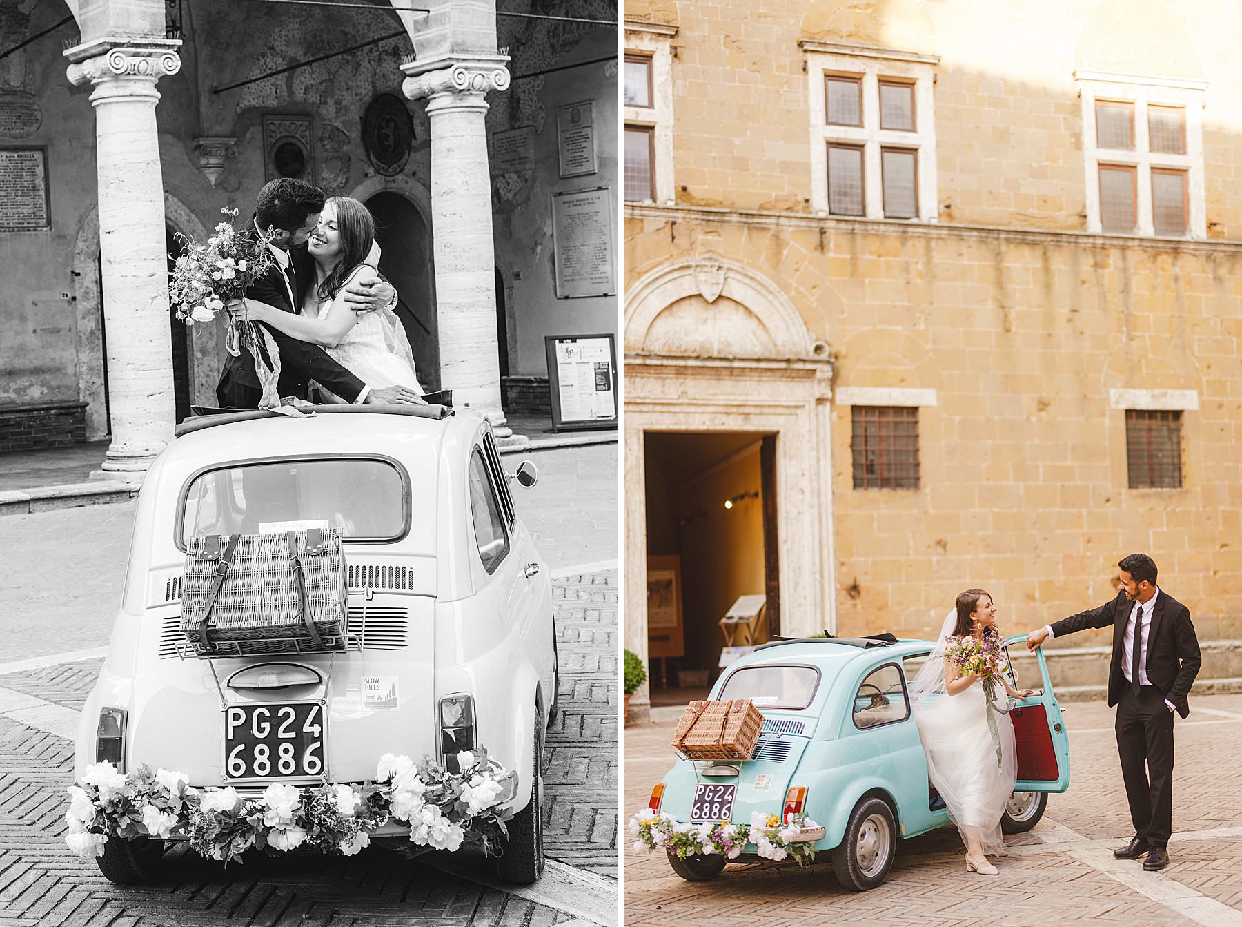 Bride and groom elopement portrait photo with Fiat 500 in the charming streets of Pienza, Tuscany