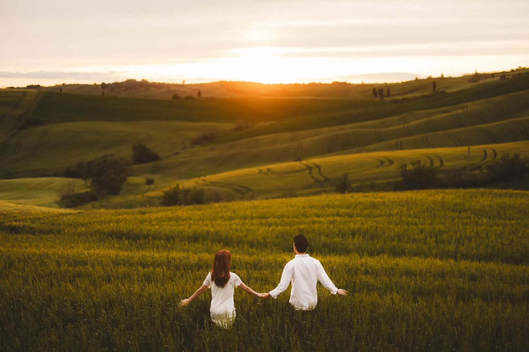 Romantic engagement photo session with warm hues of an unexpectedly golden sunset on a countryside field near Pienza