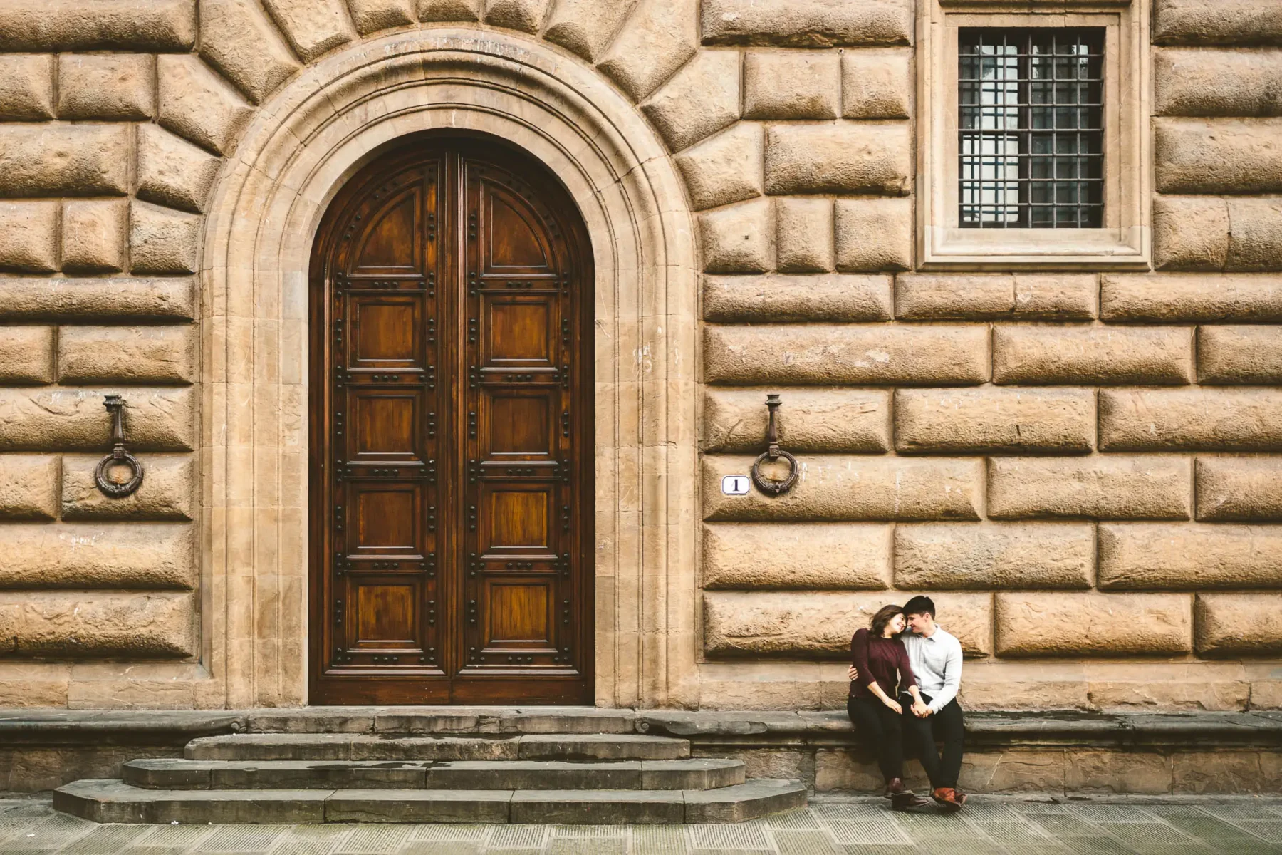 Lovely and elegant couple portrait engagement photo shoot Florence Palazzo Gondi near Palazzo Vecchio in the historic centre of Florence
