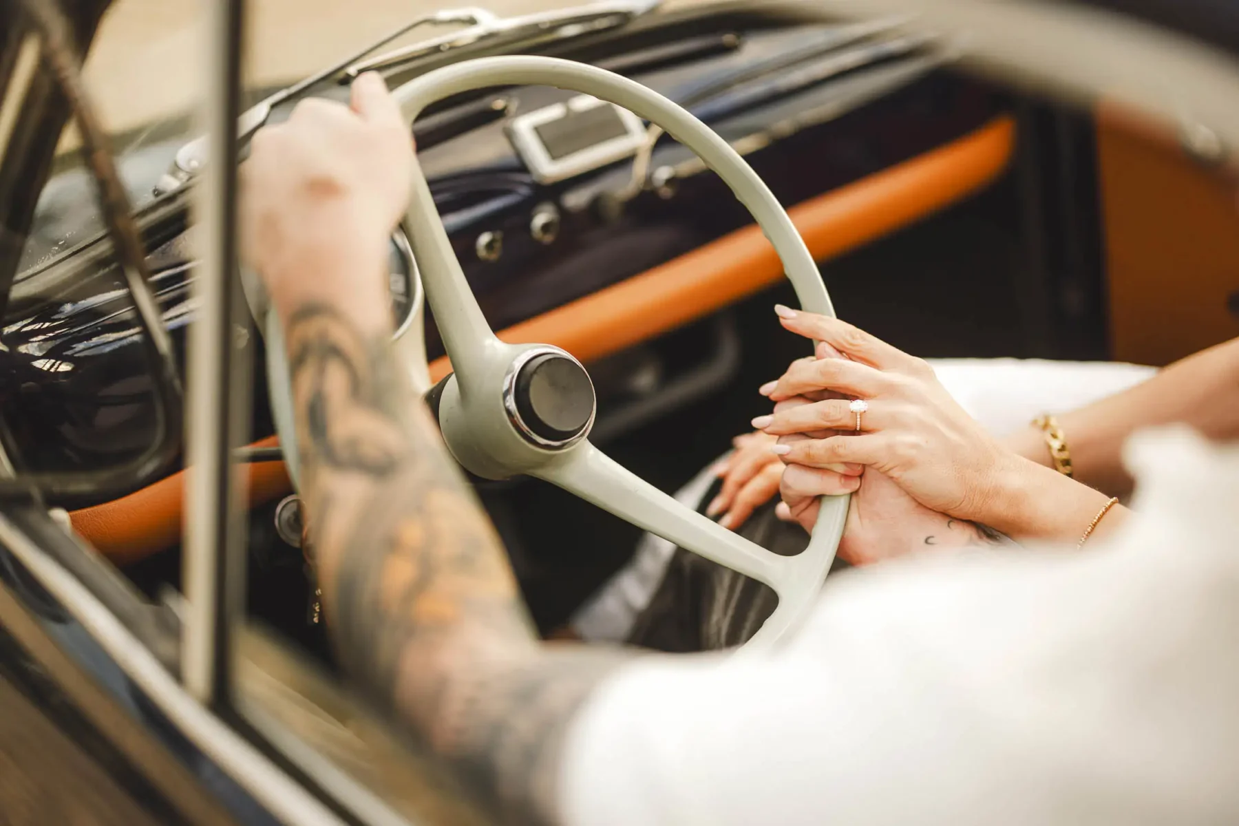 Lovely couple moment of love during a proposal photo shoot at Pietra del Cabreo in Chianti featuring a Fiat 500 vintage car