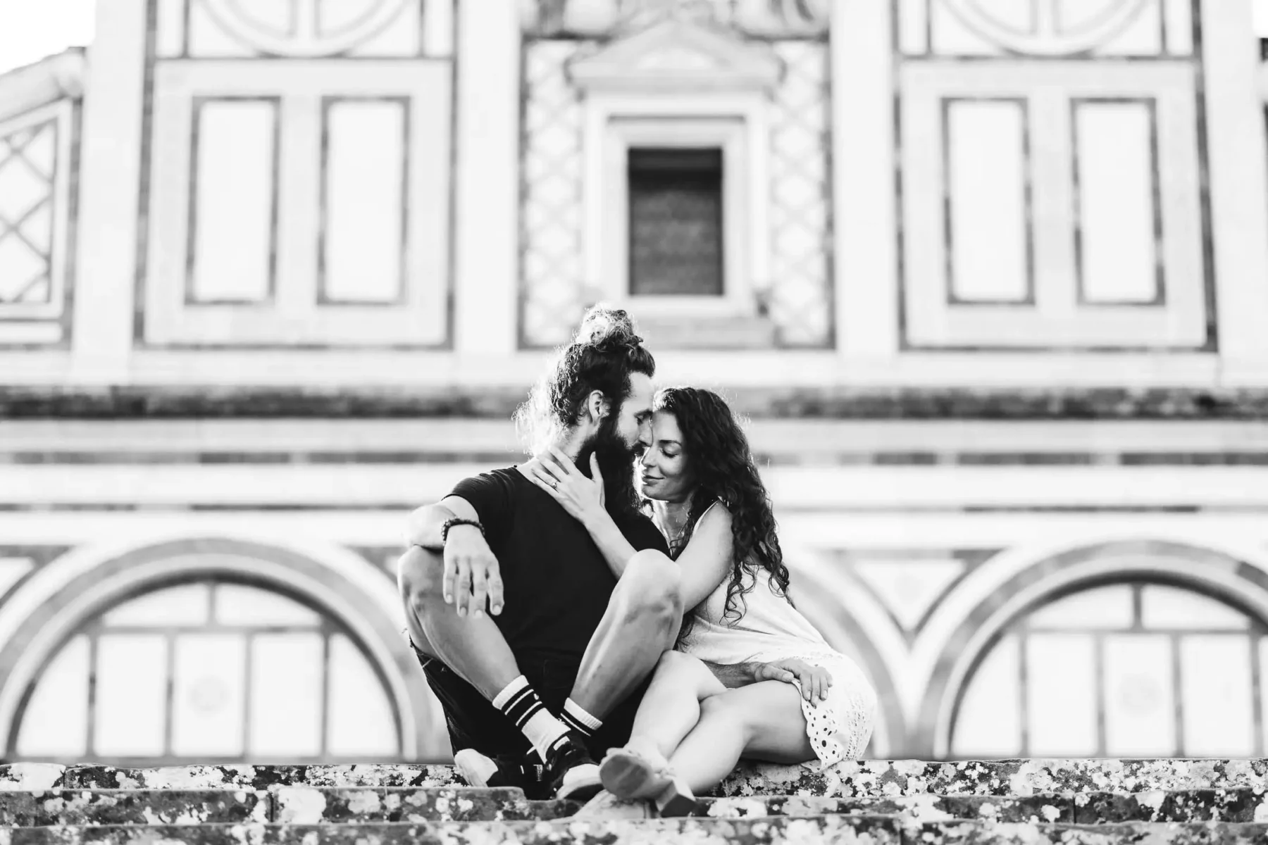 Elegant and romantic unconventional couple pre-wedding engagement photo shoot in Florence at sunrise