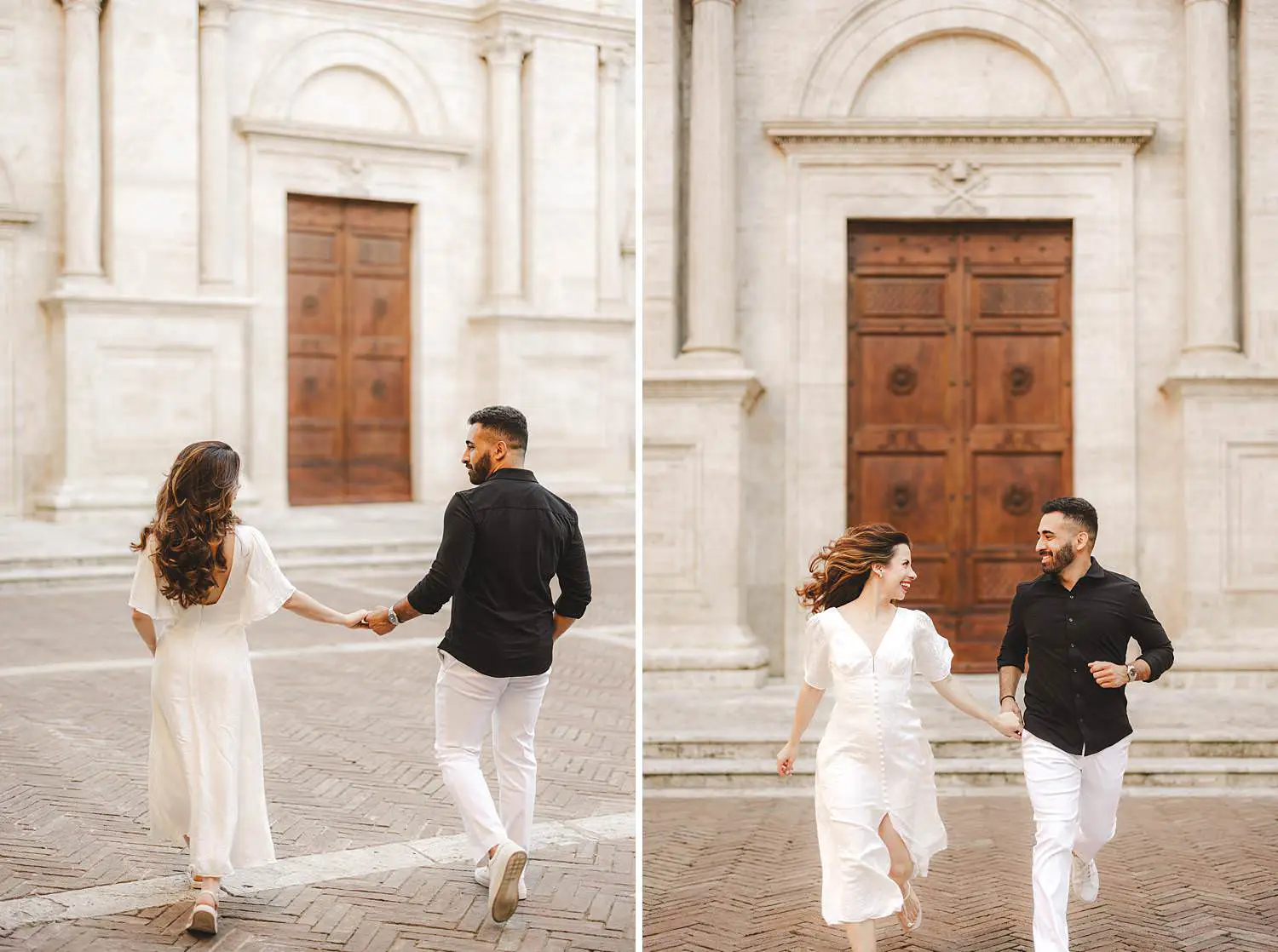 Authentic and elegant engagement images in Pienza historical streets