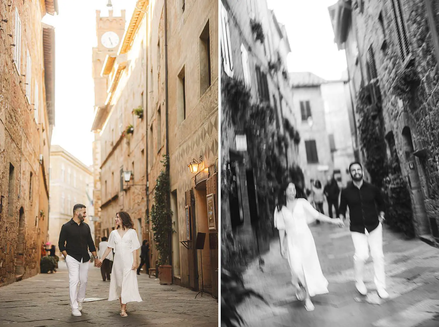 Romantic couple engagement photo shoot in streets of Pienza