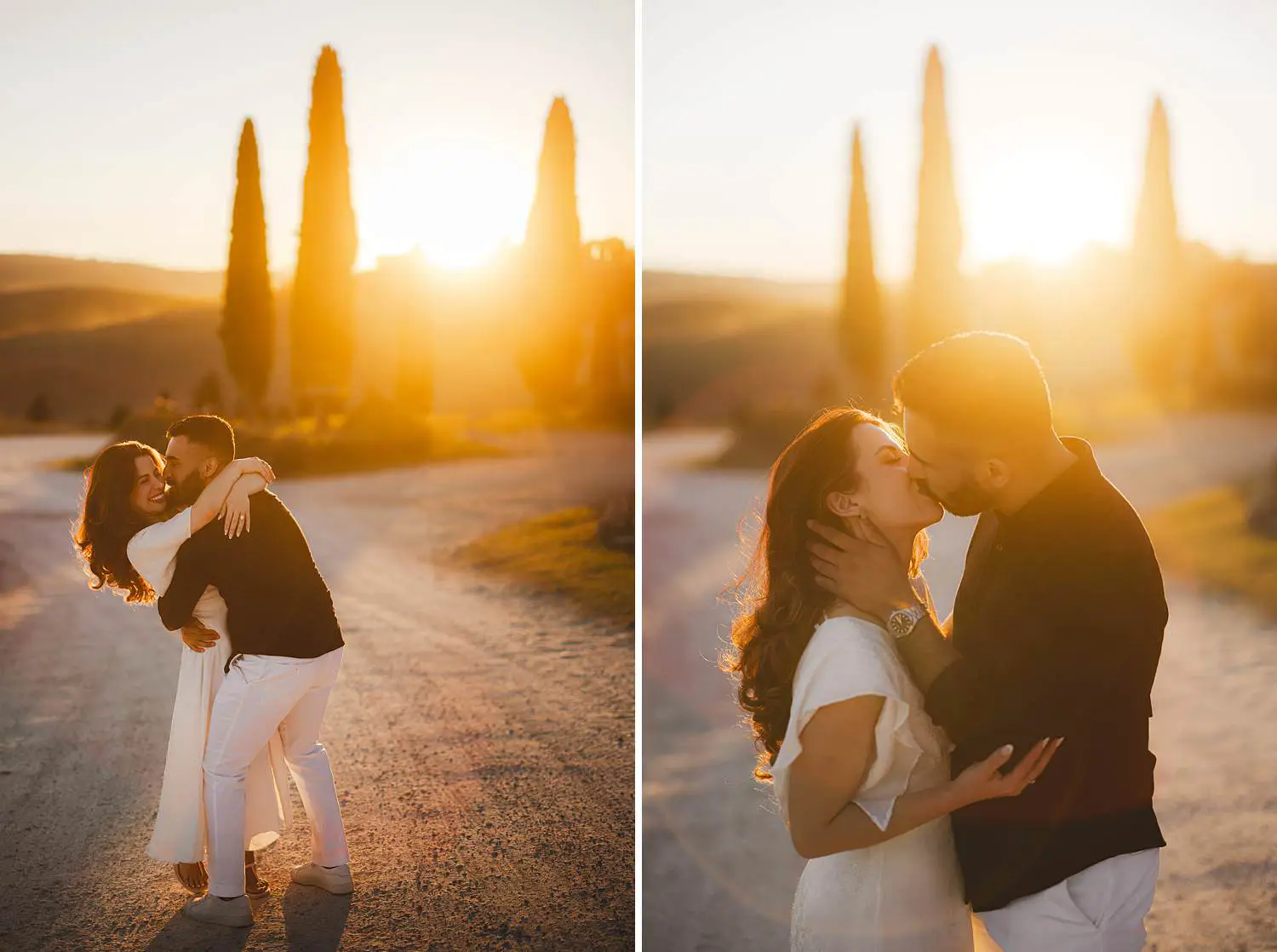 Romantic couple photo shoot under golden light in the heart of Val d’Orcia near Pienza