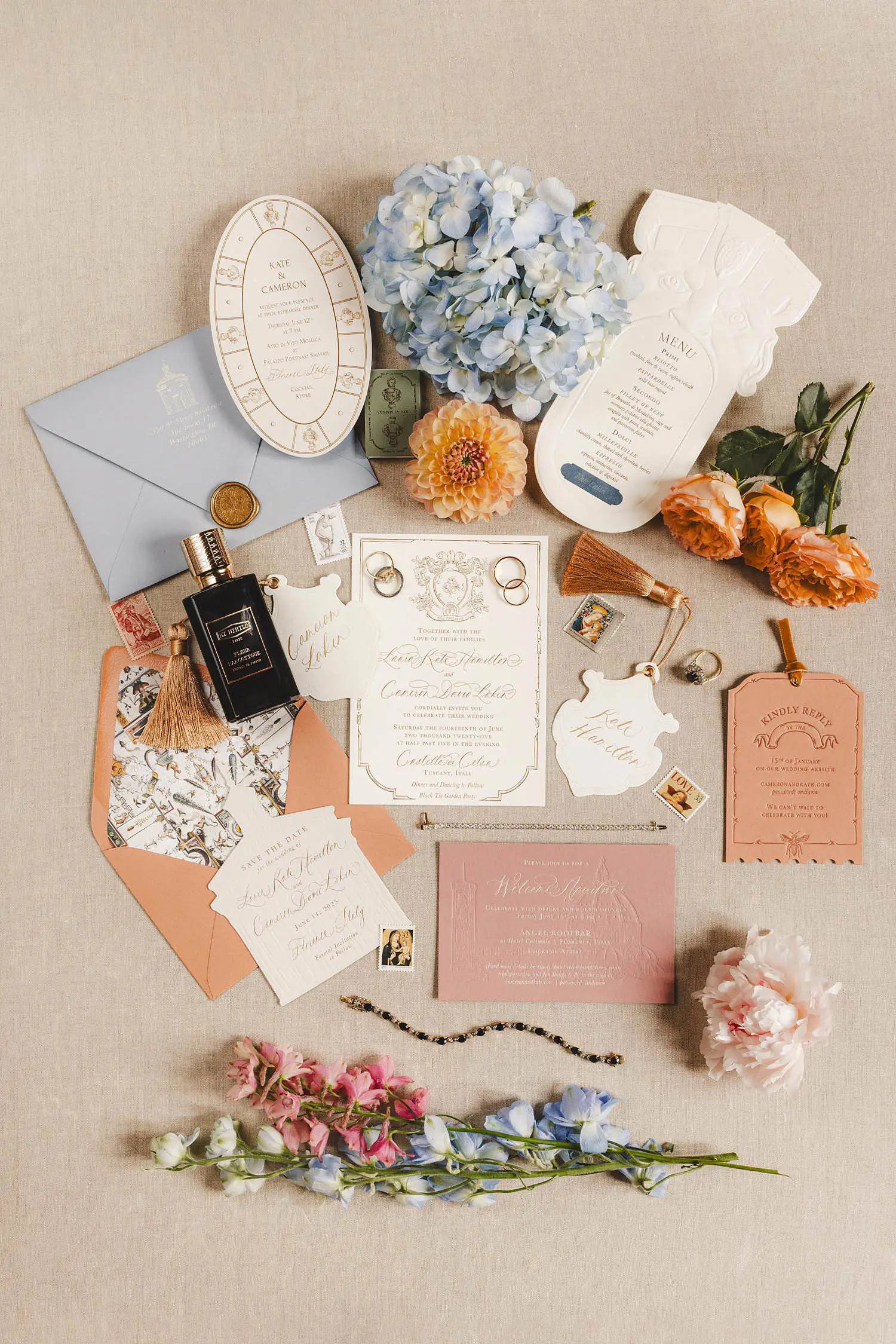 A luxury and elegant stationery in rose, orange, white and blue colours at Castello di Celsa wedding in Tuscany