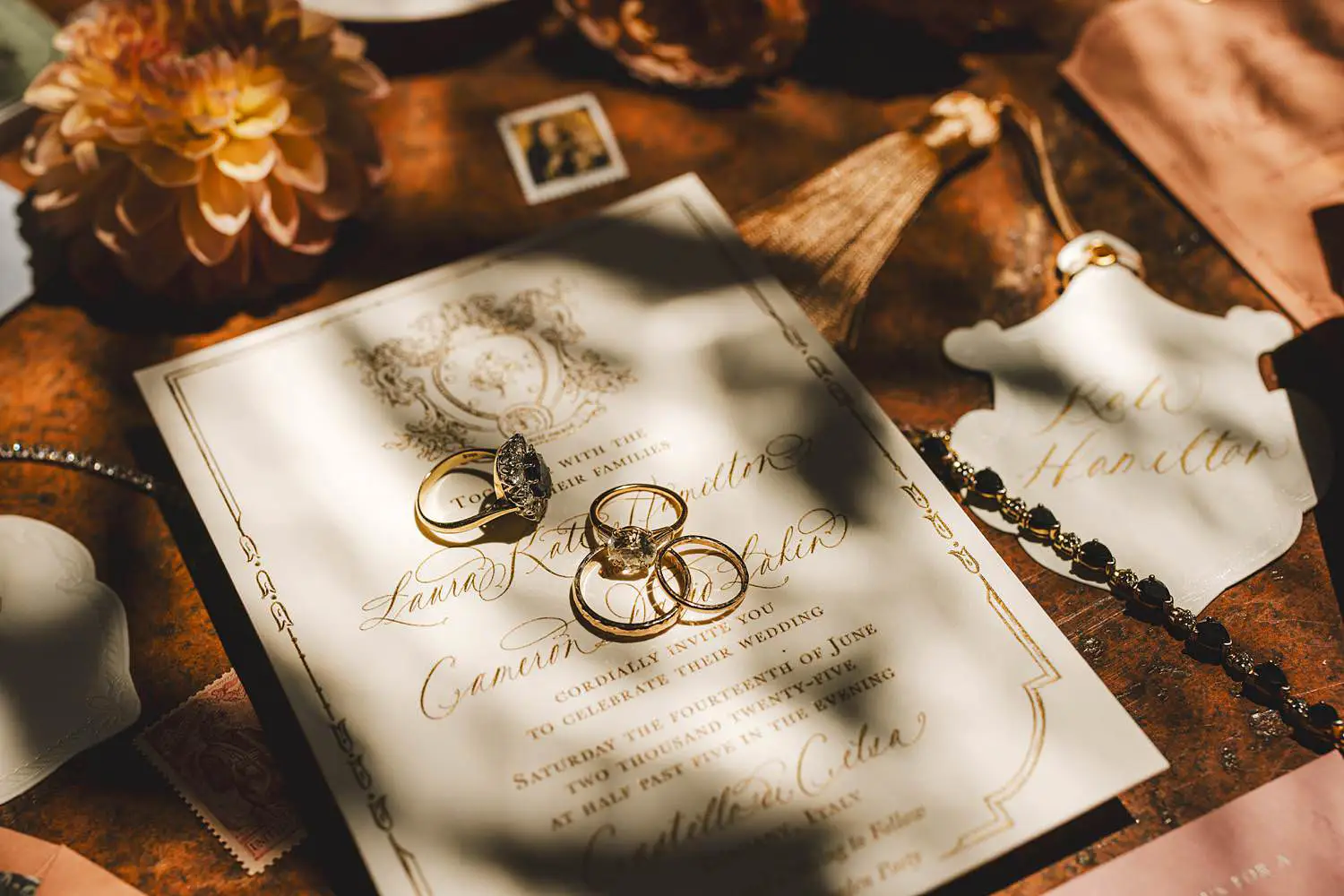 A luxury and elegant stationery in rose, orange, white and blue colours at Castello di Celsa wedding in Tuscany