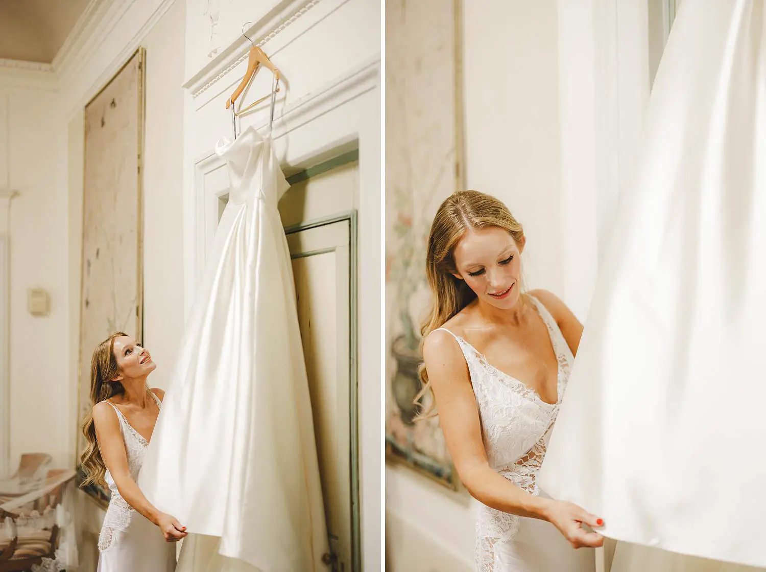 Elegant bride with wedding dress in a suite of luxury Castello di Celsa wedding in Tuscany