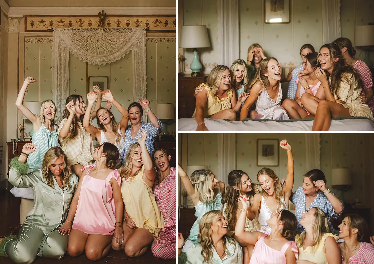 Joyful moment with bride and bridesmaids having fun and jumping on a bed in a castle suite at Castello di Celsa