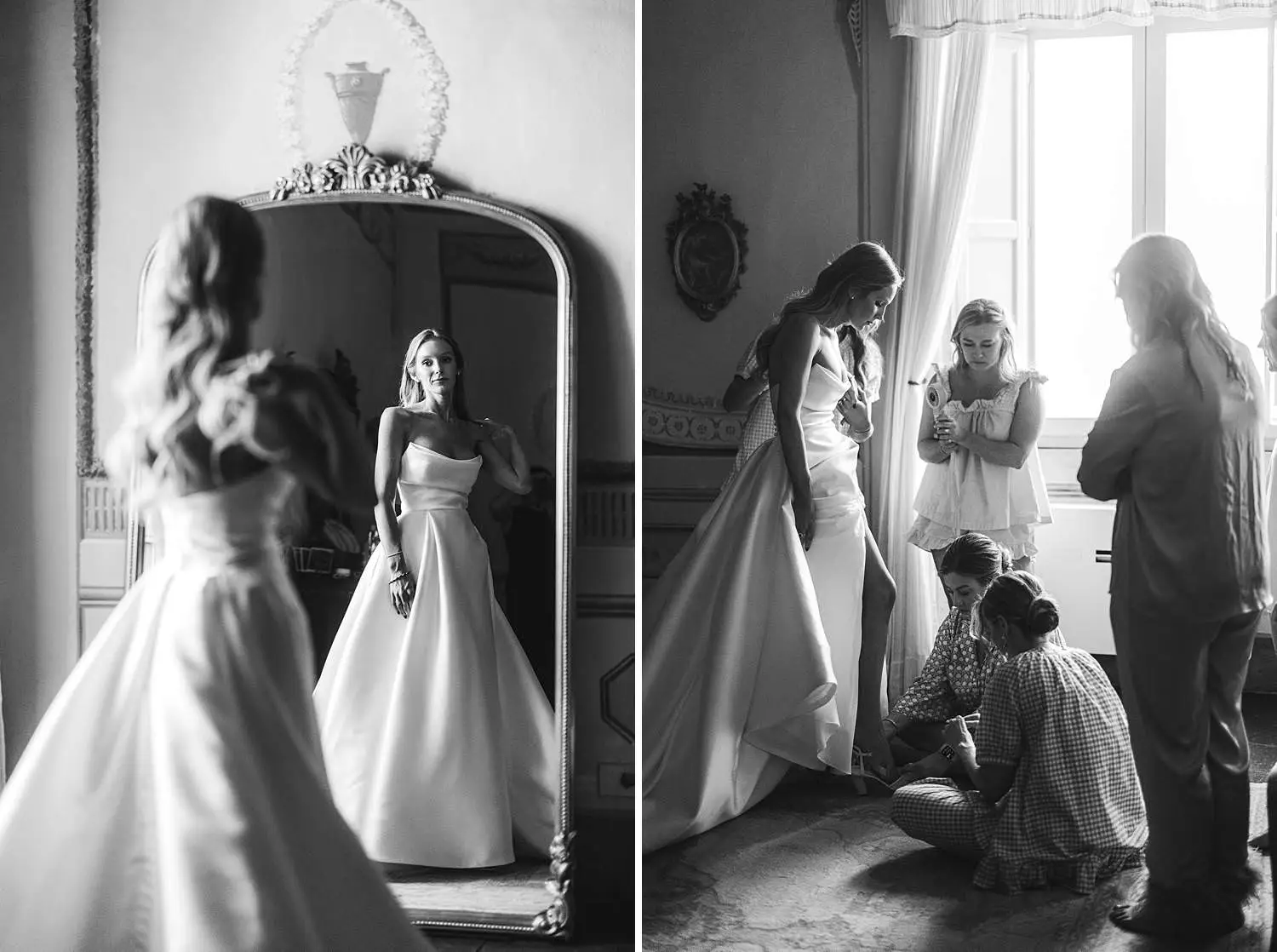Bridesmaids are helping the bride to wear wedding shoes at luxury Castello di Celsa before the first look