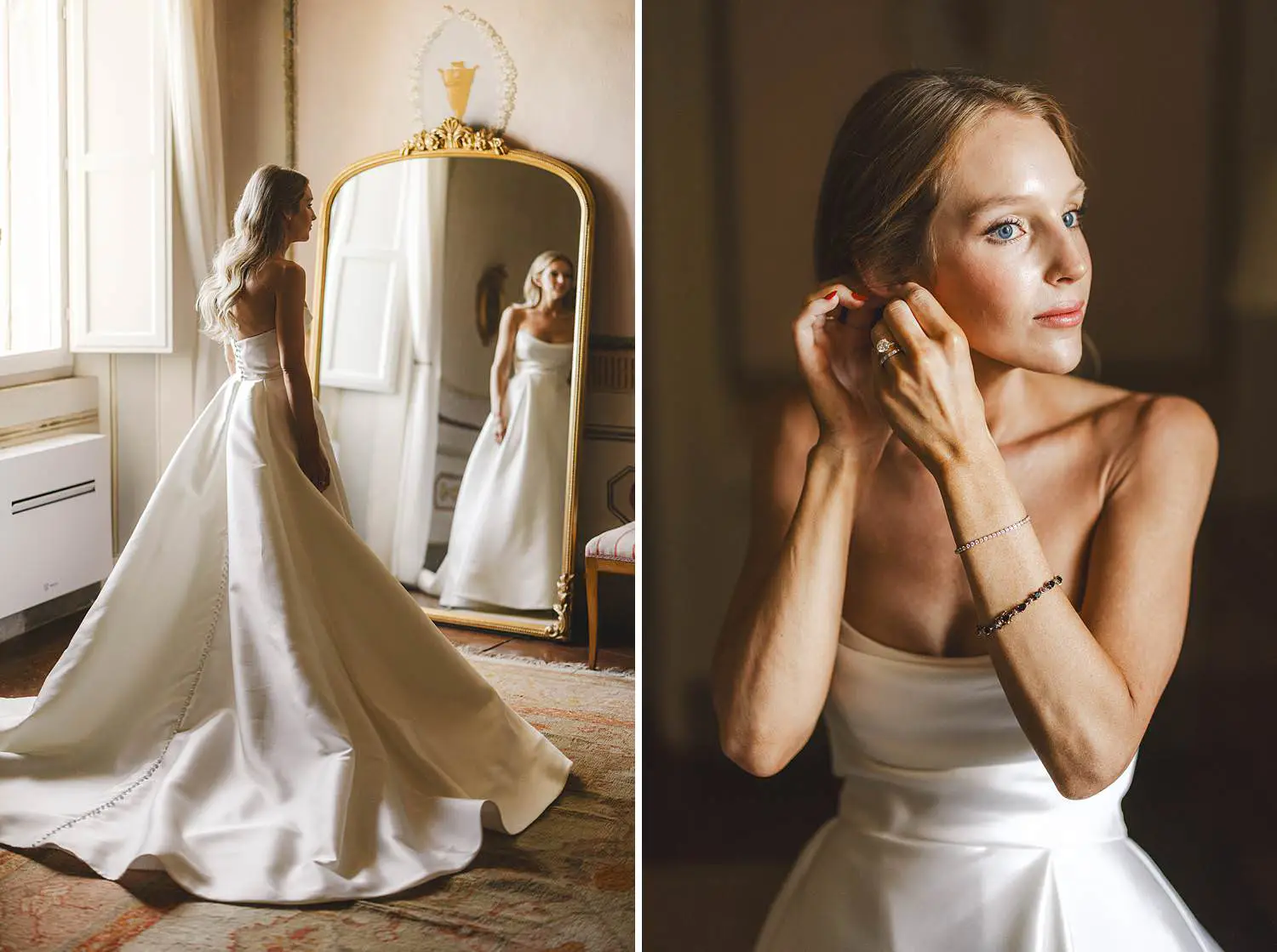 Gorgeous bride in her gown almost ready for her luxury wedding ceremony at Castello di Celsa in Tuscany