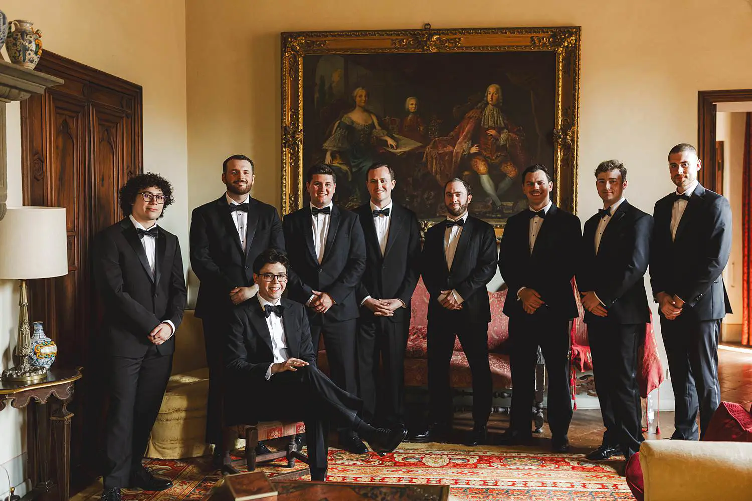 Groom and groomsmen ready for the unforgettable wedding ceremony at Castello di Celsa in Tuscany