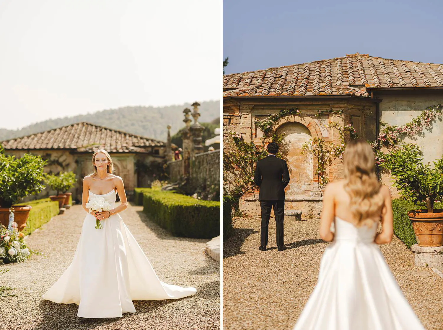 Bride and groom first look at Castello di Celsa, luxury wedding venue in Tuscany
