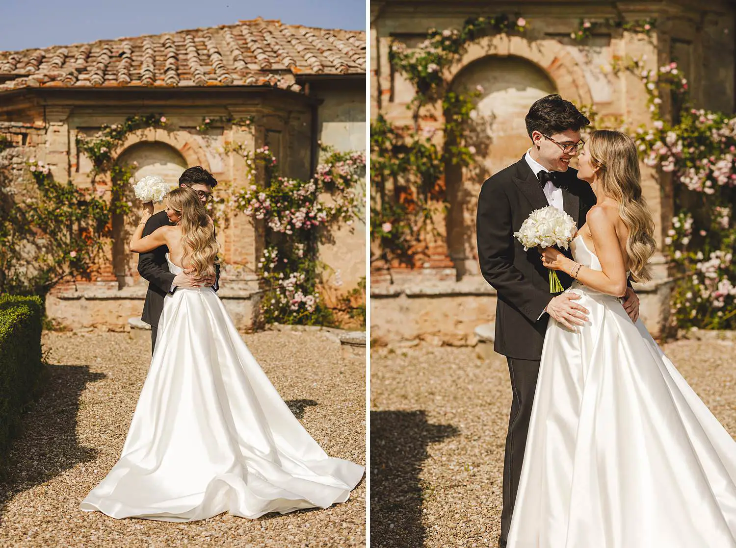 Bride and groom sharing their first look in the garden park at Castello di Celsa, a luxury wedding venue in Tuscany