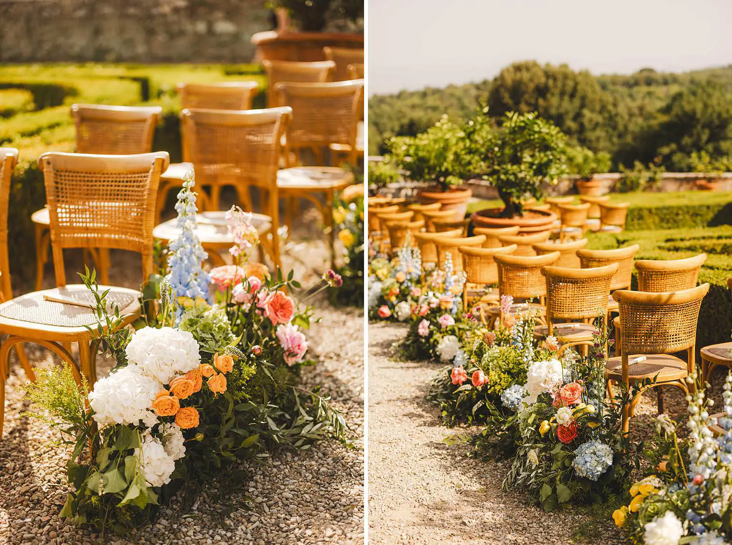 A dreamy editorial setup for a garden ceremony at Castello di Celsa, where luxurious florals and refined seating meet the timeless charm of the castle