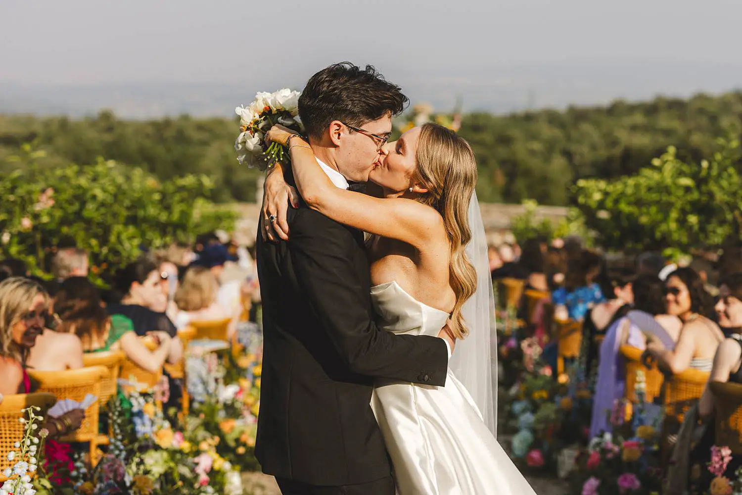 Excited bride and groom are finally get married in Tuscany at Castello di Celsa