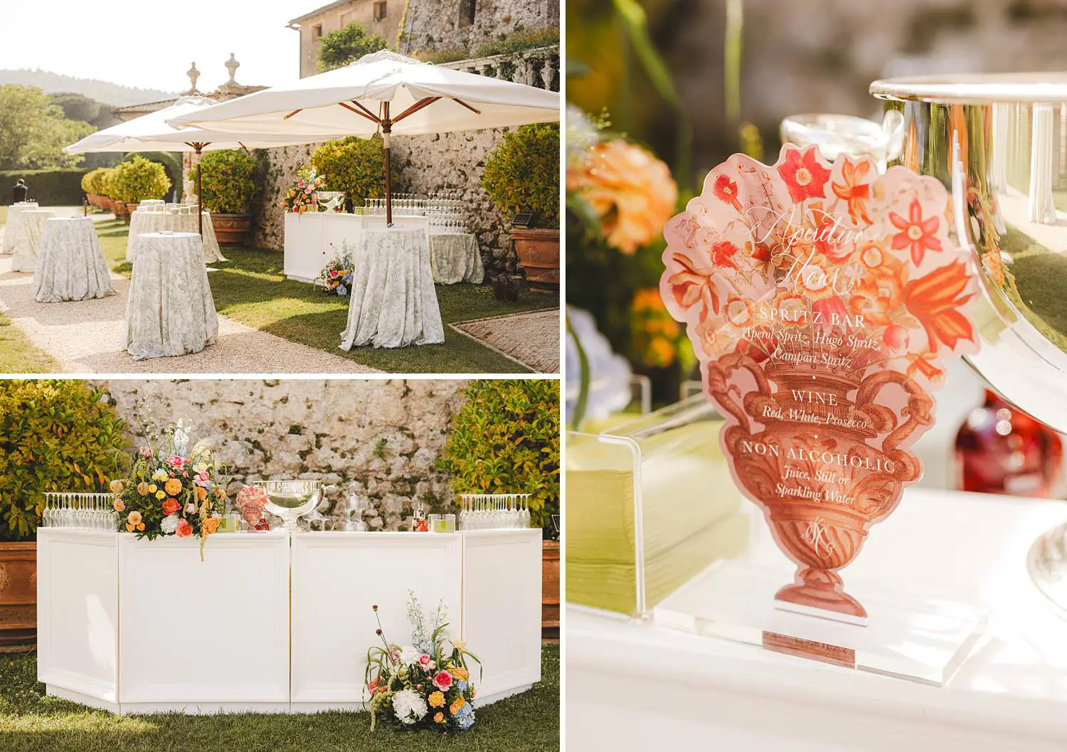 Elegant and refined luxury wedding reception cocktail decoration setup at Castello di Celsa in Tuscany