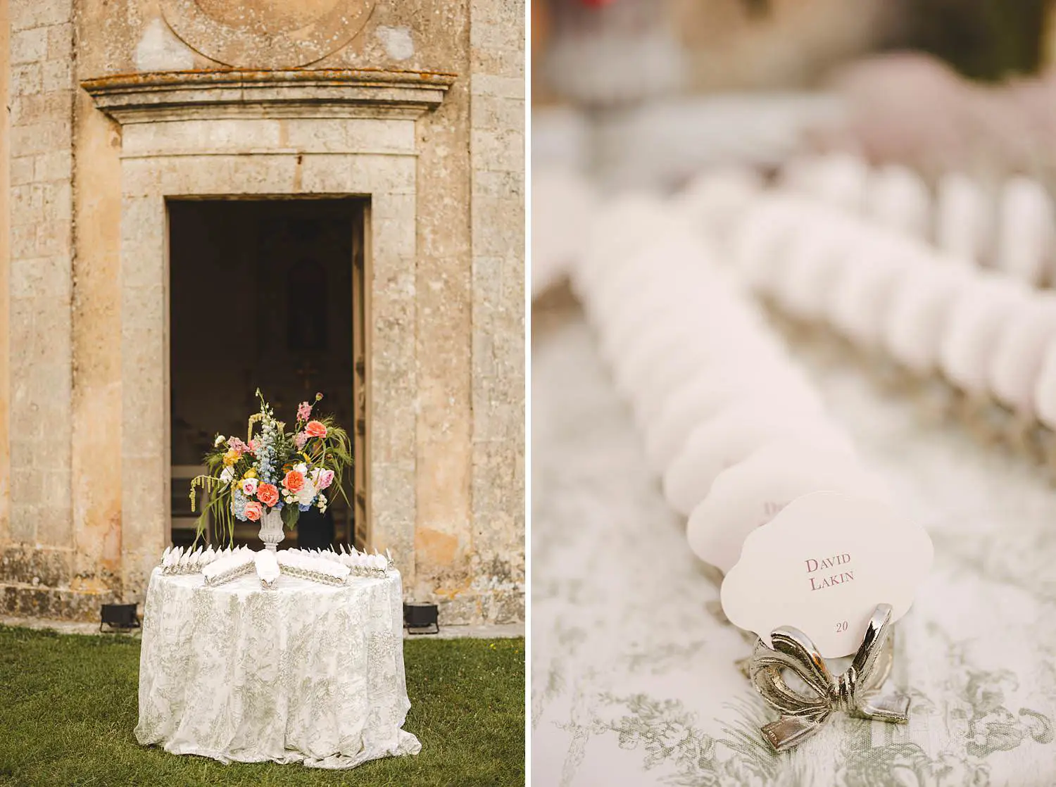Elegant and refined luxury wedding reception cocktail decoration setup at Castello di Celsa in Tuscany