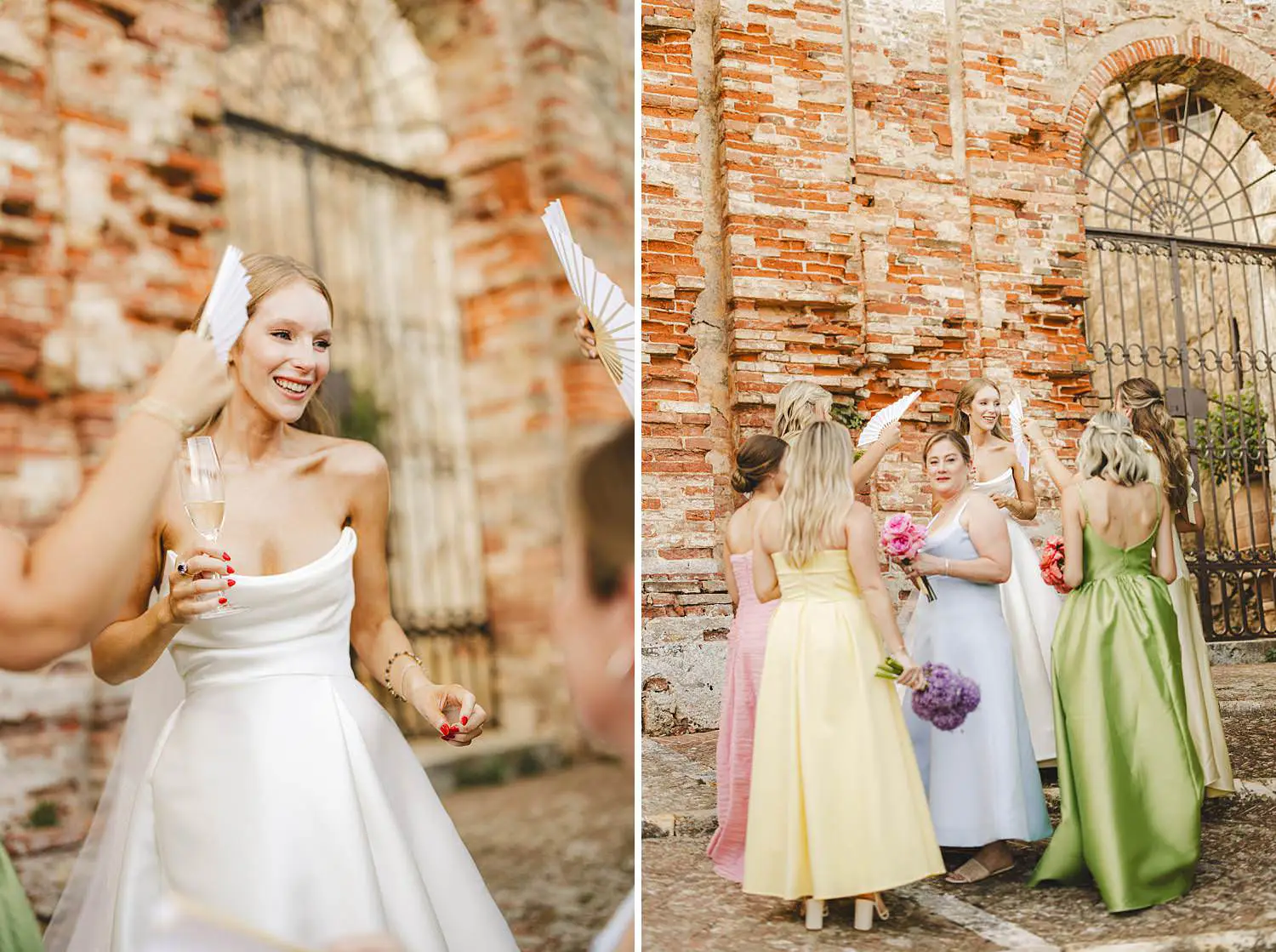 Lovely candid moment between bride and bridesmaids during cocktail reception at luxury wedding at Castello di Celsa