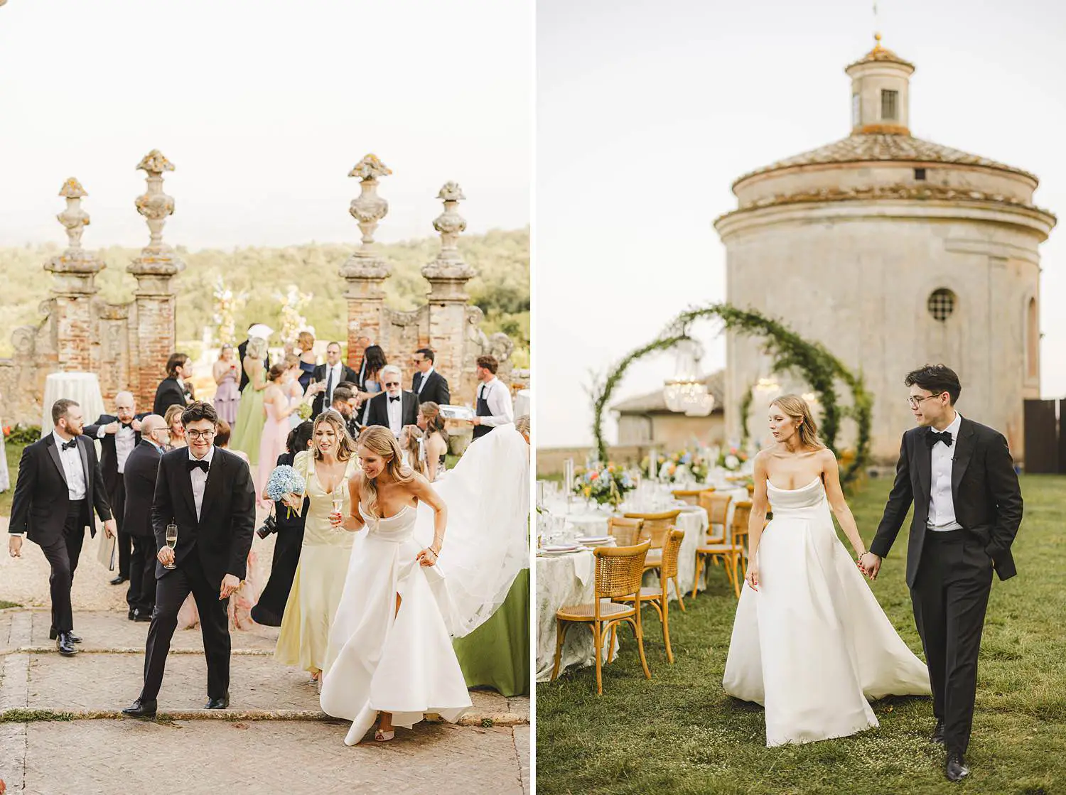 Bride and groom are enjoying their reception wedding at Castello di Celsa in the countryside of Tuscany