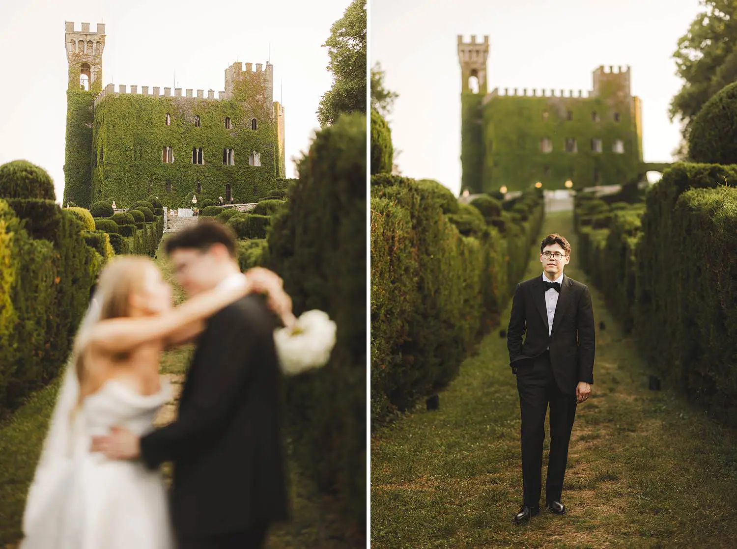 Timeless bride and groom wedding photos in the Italian garden of Castello di Celsa luxury venue
