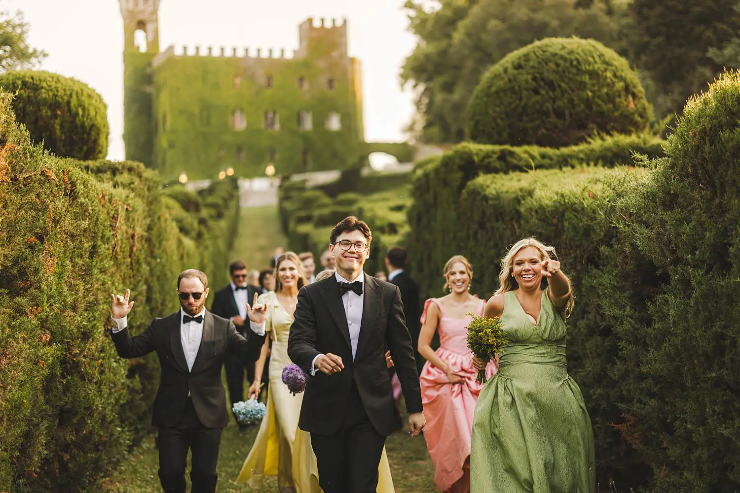 Bridal party fun moment at luxury Castello di Celsa wedding in Tuscany