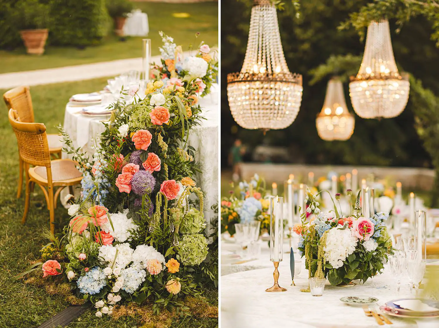 A dreamy wedding dinner table look cascading florals, woven chairs, chandeliers floating above the greenery, and the softest evening light at Castello di Celsa