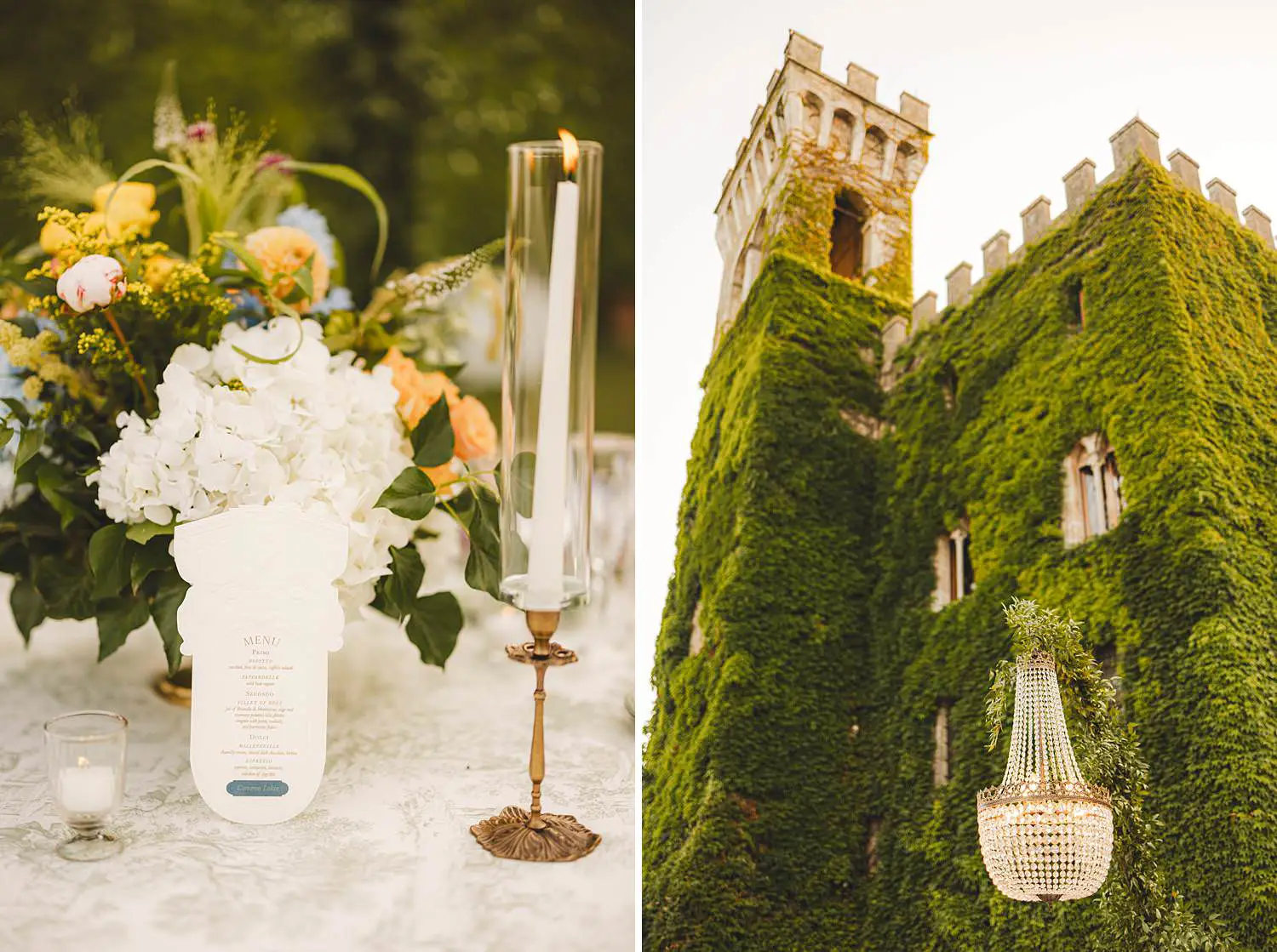 A dreamy wedding dinner table look with elegant florals, chandeliers floating above the greenery and the softest evening light at Castello di Celsa